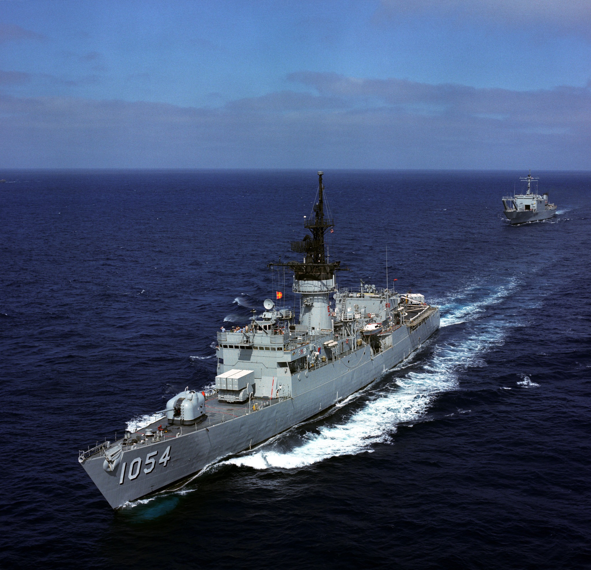 An aerial three-quarter portside view of the US Navy (USN) Newport