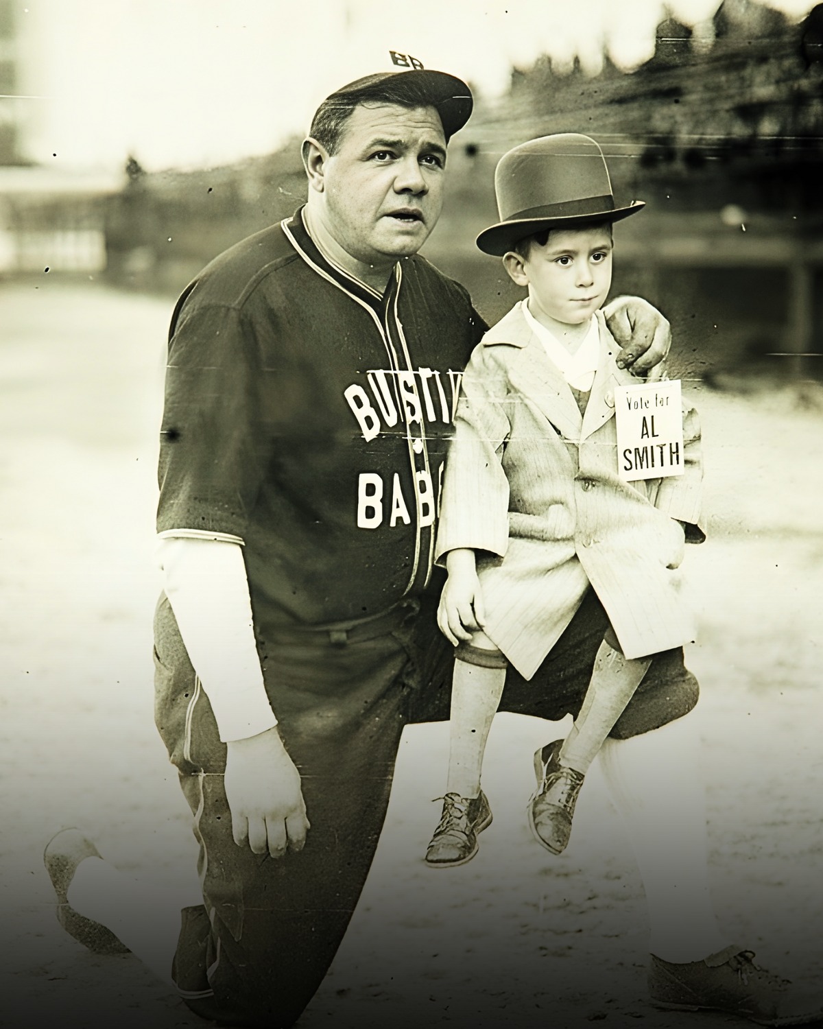 Chaitaly - Babe Ruth kneeling beside a young boy in a tiny suit and ...
