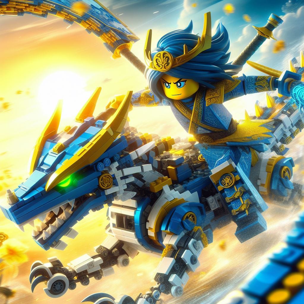 Ninjago Jay mecha in ultra realistic blue and yellow theme