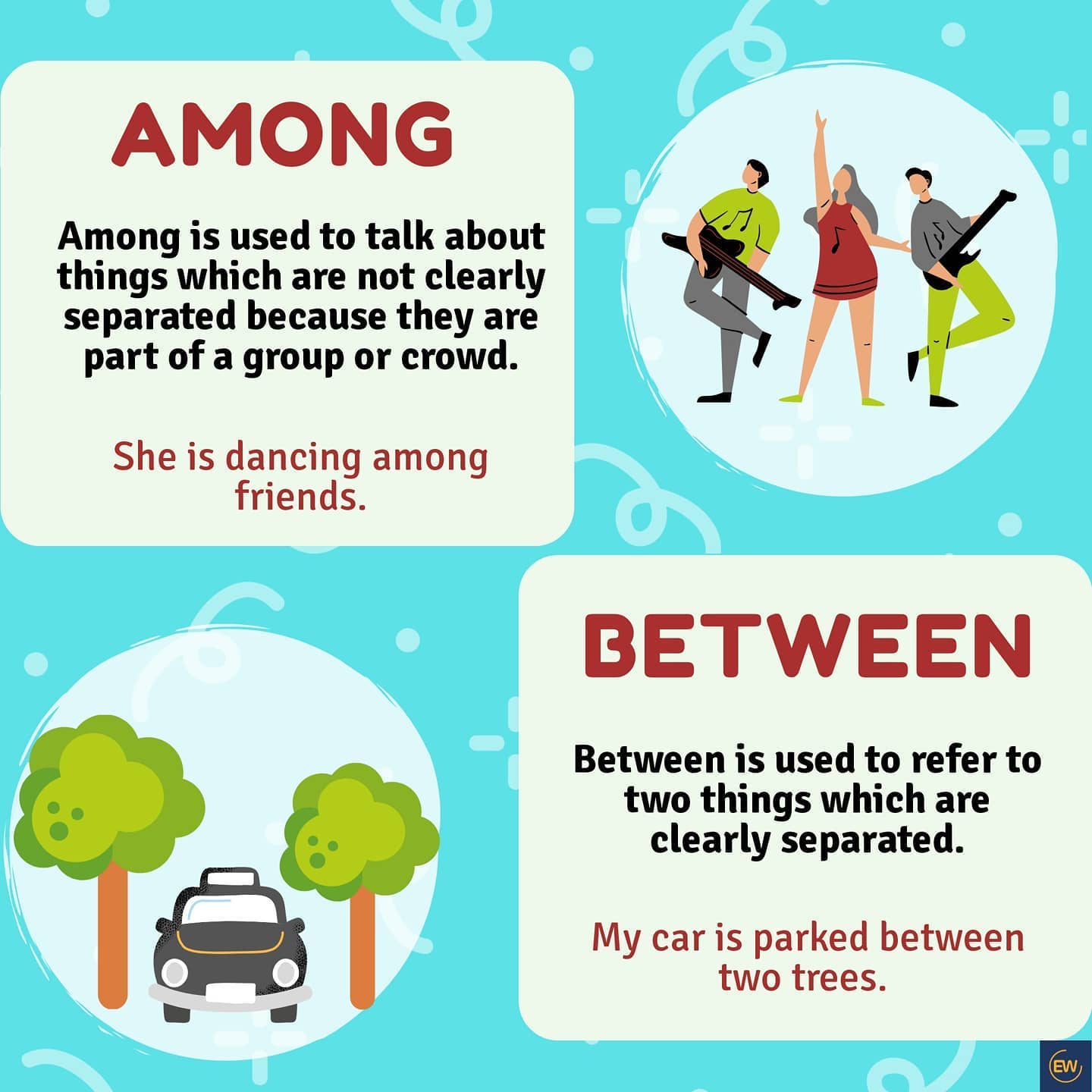 English - ⁣Among means ‘in the middle or included in a larger group of ...