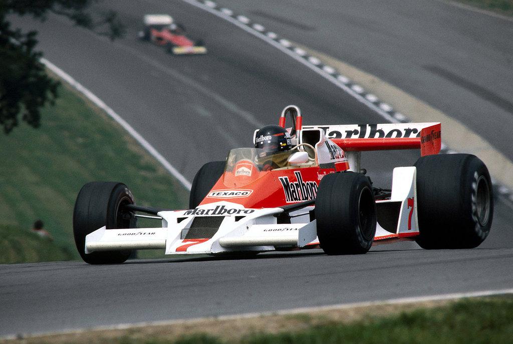 James Hunt in Marlboro McLaren M26 at 1977 British GP