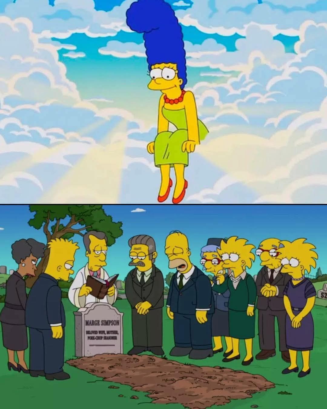Marge Simpson dies in the Season 36 finale of The Simpsons. 💔 In a flash-forward 35 years into the future, Marge's funeral is shown — a moment tied to her fear of