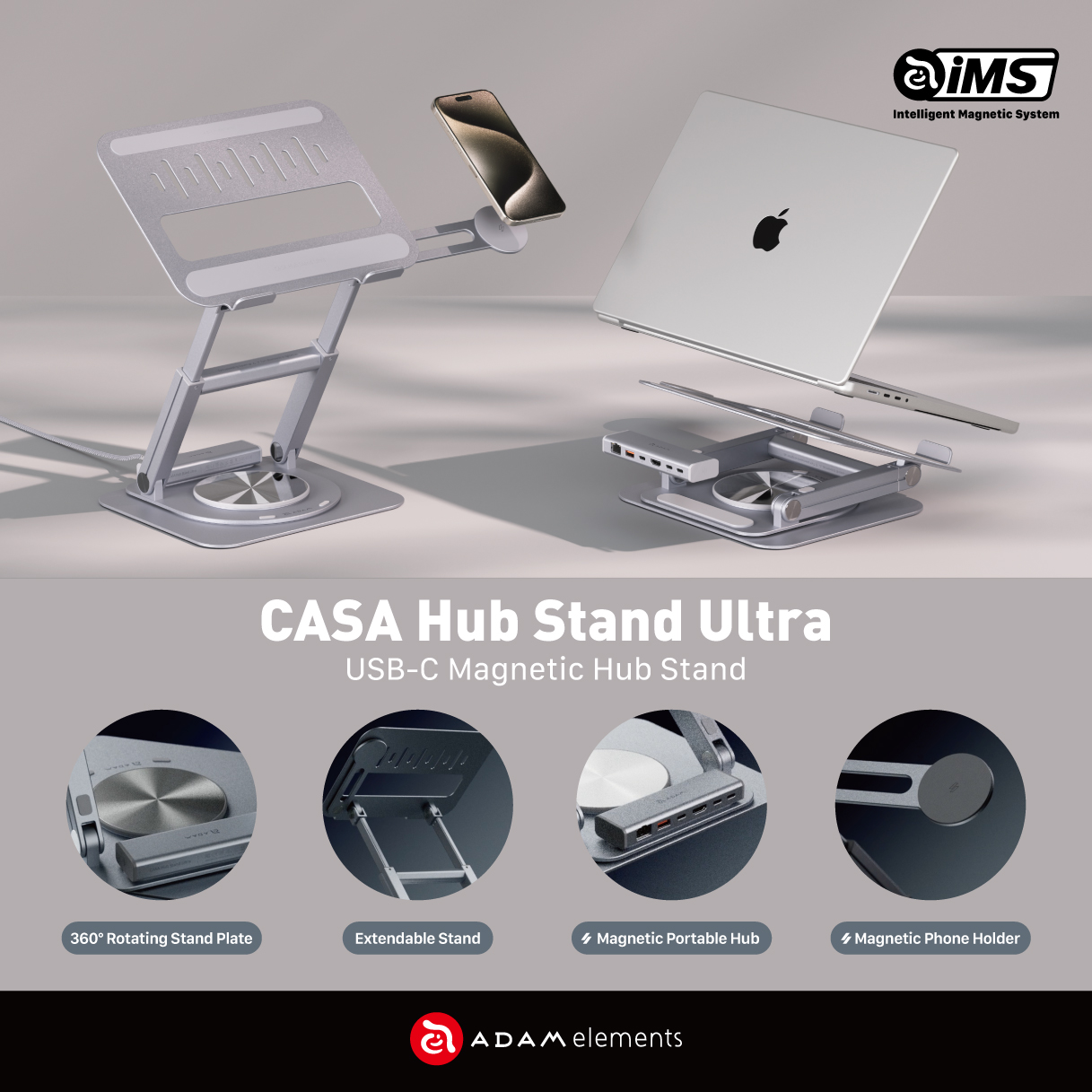 Adam Elements CASA Hub Stand Pro USB-C 6-in-1 Laptop Stand - Grey Shop and Ship Online