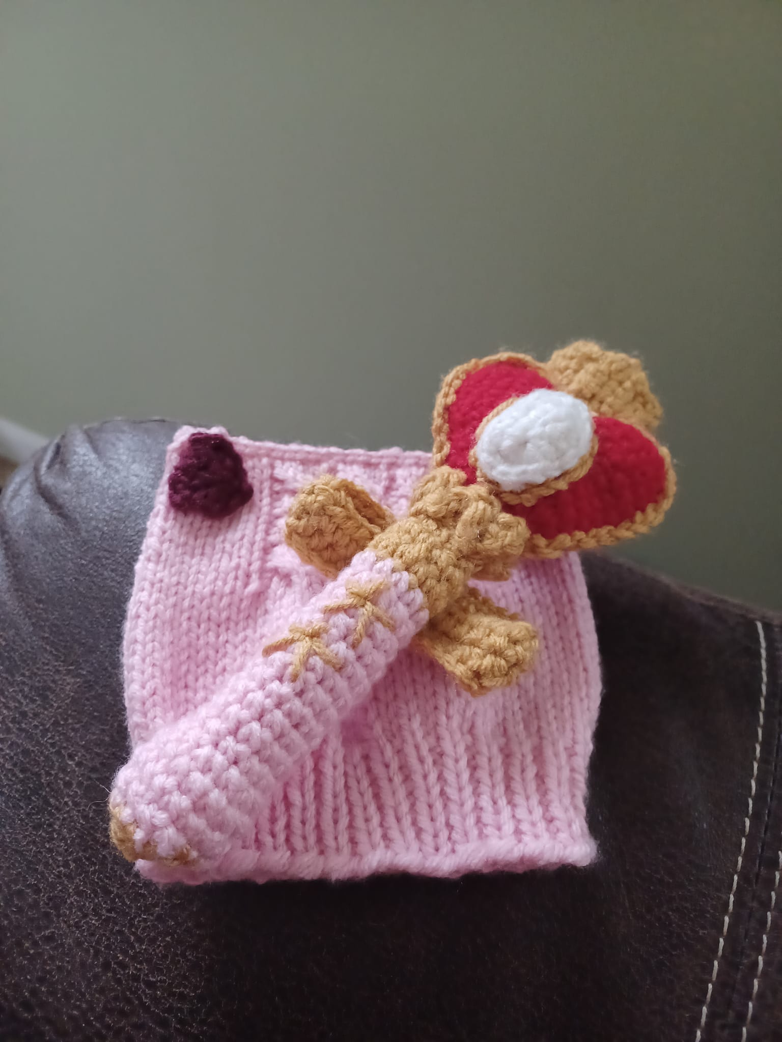 Handmade gifts: knitted cat hat and crocheted Sailor Moon rod rattle