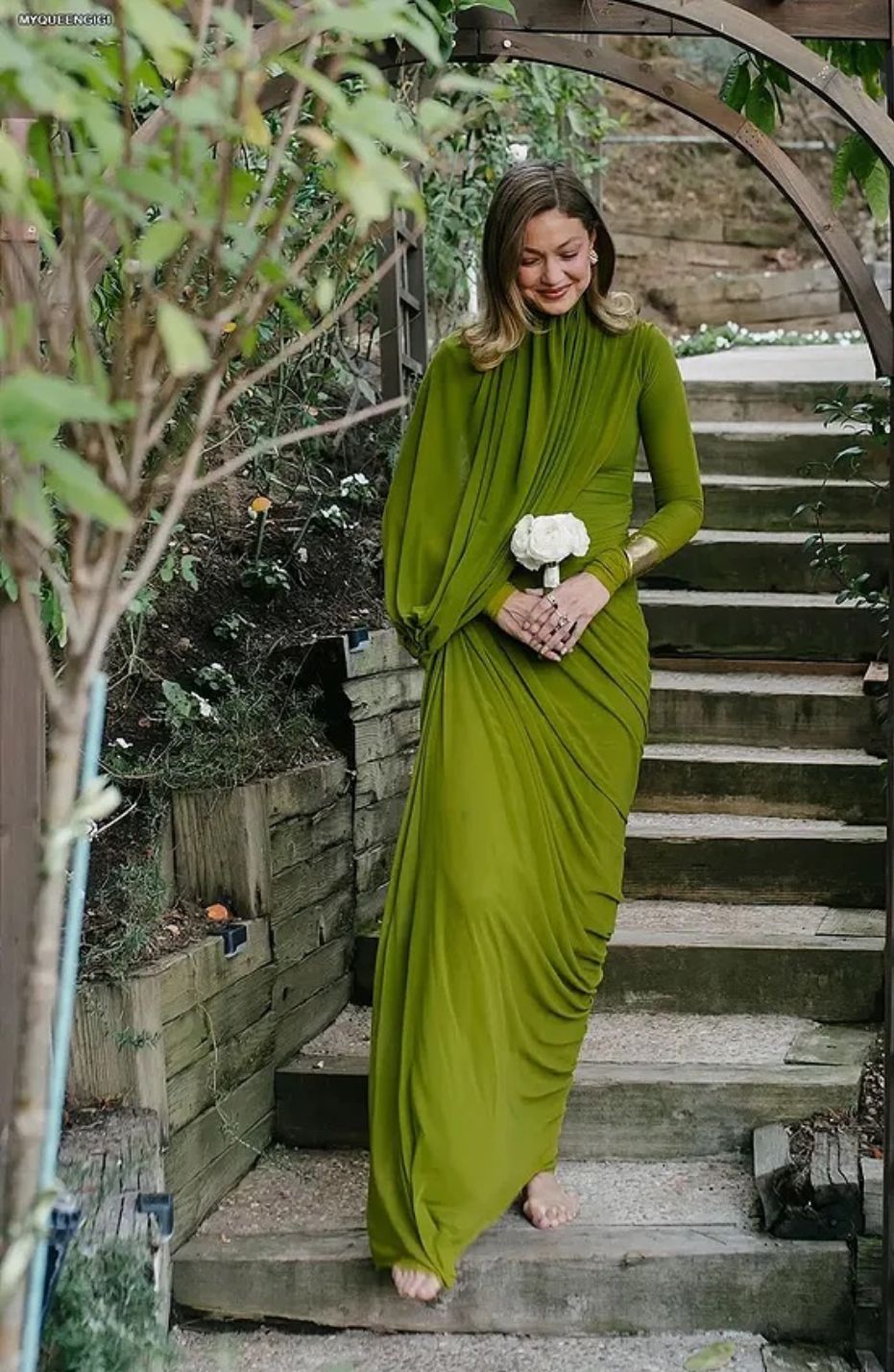 Gigi Hadid wore Deme by Gabriella Green 💚 Dress at the wedding of their Elder Sister Alana Hadid. #gigihadid #fashion #dress #fyp #fblifestyle