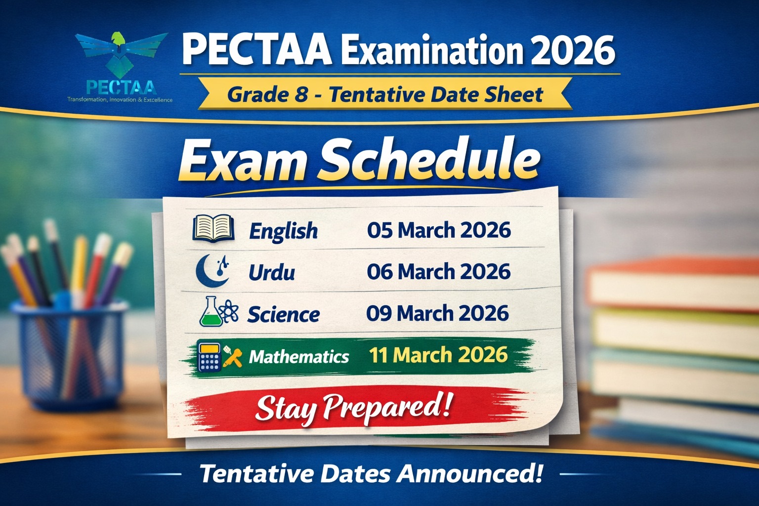 Education - PECTAA Examination 2026 – Grade 8 (Tentative Date Sheet ...