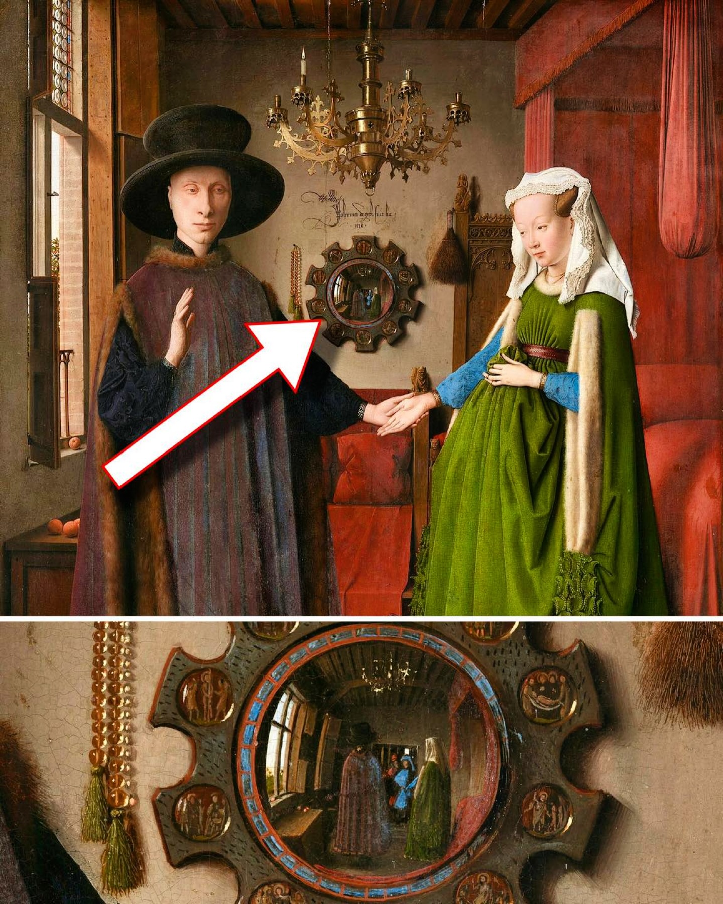 painting of pregnant woman in green dress Sometimes dubbed “The Shotgun Wedding” (for the bride's seemingly state), Jan Van Eyck's “Arnolfini Wedding” depicts a well-heeled Italian businessman and his wife their upscale apartment in the cosmopolitan famous painting woman in green dress