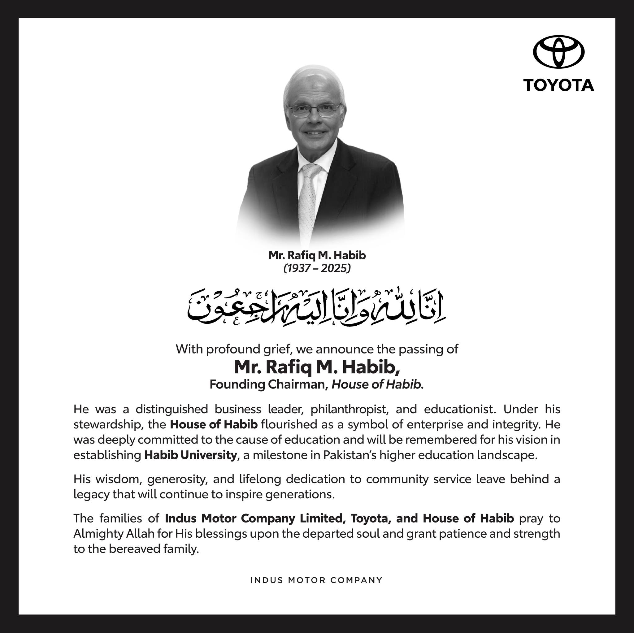 Toyota - In Loving Memory of Mr. Rafiq M. Habib We deeply mourn the ...