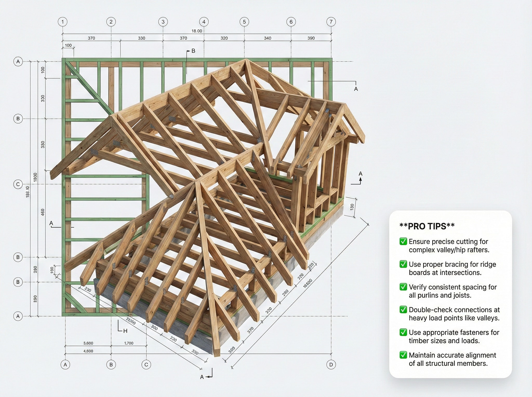 Build - This is a 3D roof-framing layout shown on top of a measured