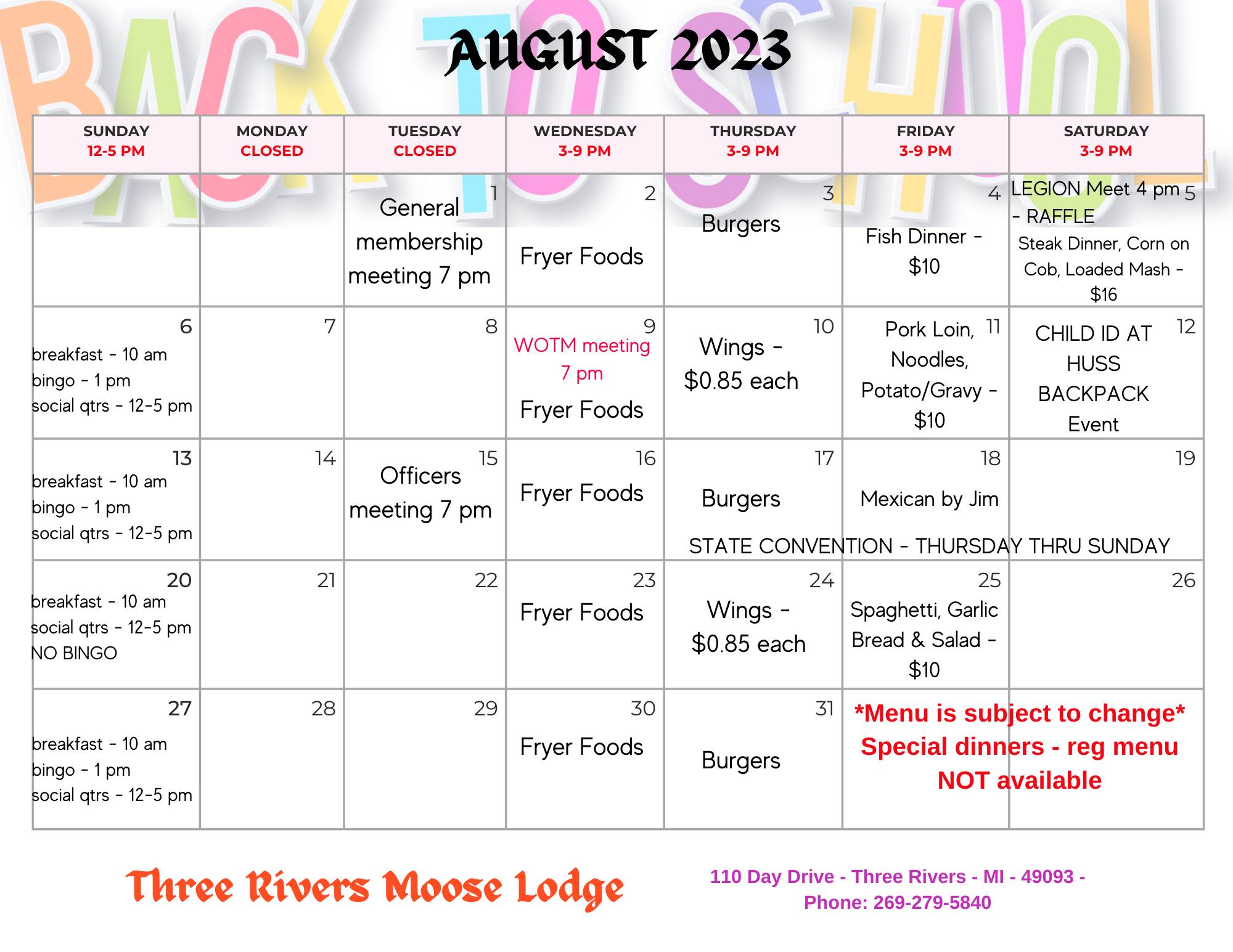 Calendar UPDATED!!! NO... - Three Rivers Moose Lodge #474