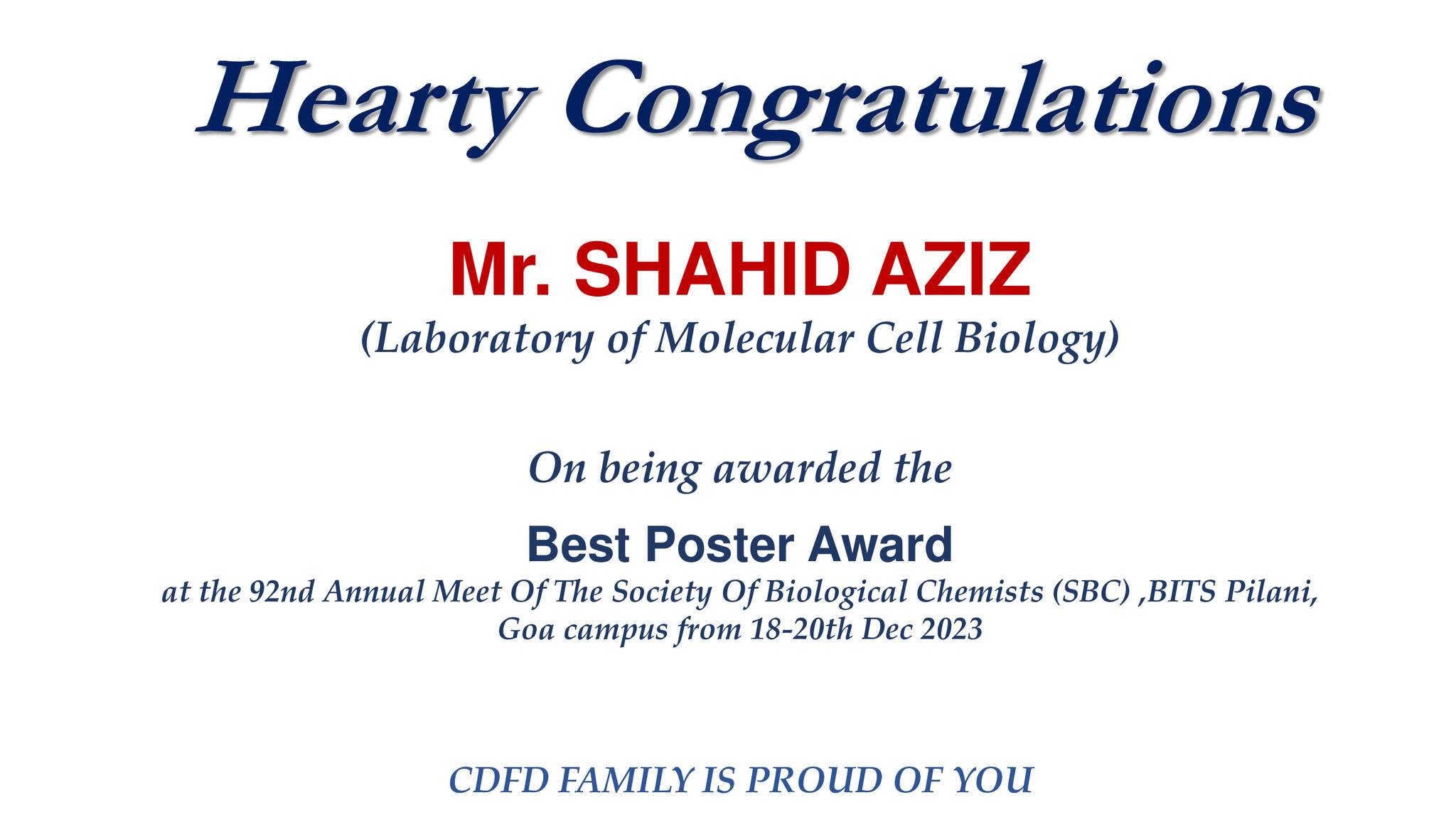 BRIC - CDFD - #Congratulations to Mr. SHAHID AZIZ... | Facebook