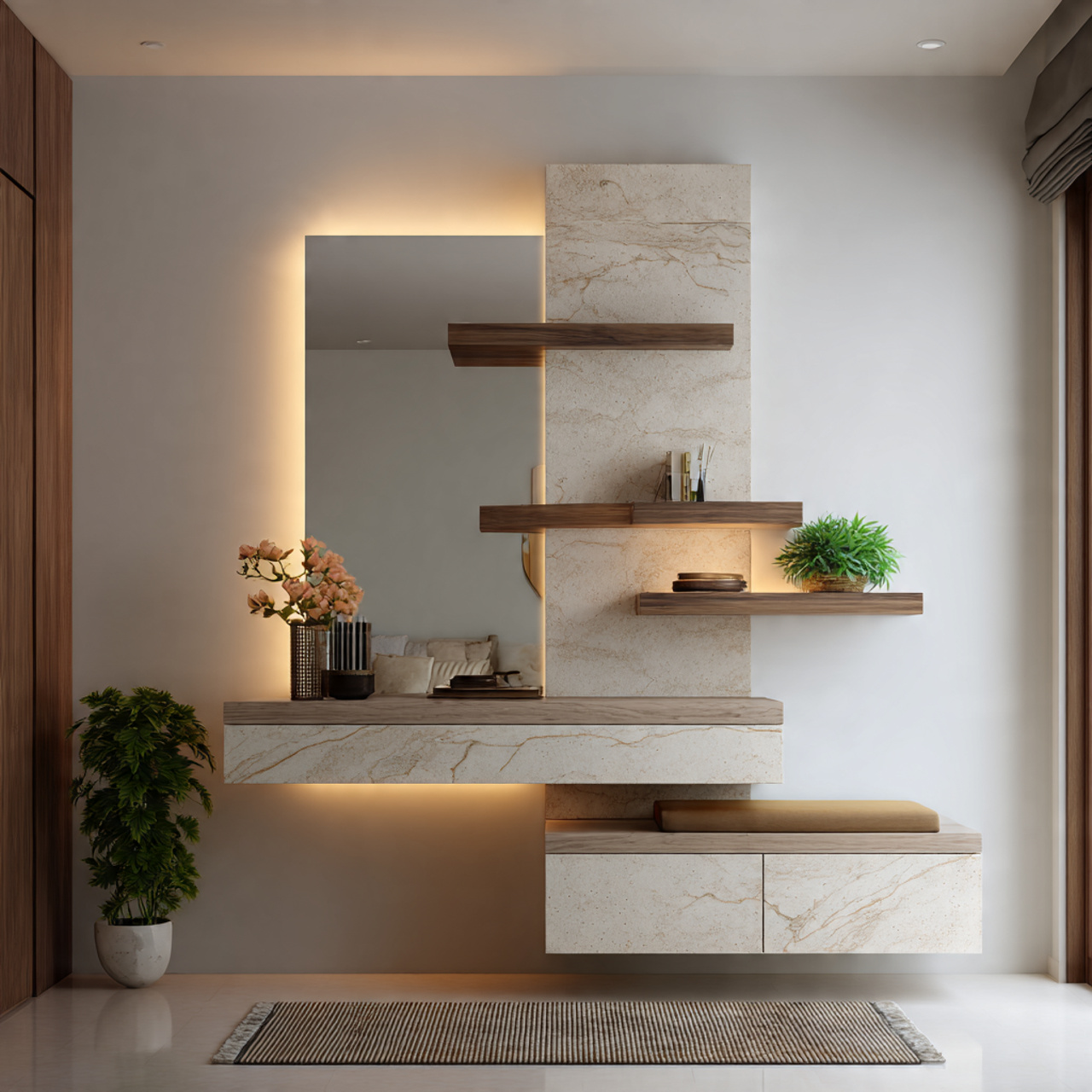 Modern wooden dressing table design, tall full-length mirror, smooth matte finish, compact drawers with storage, minimal bedroom lifestyle setup, soft daylight, full unit visible, ultra-realistic 8K
