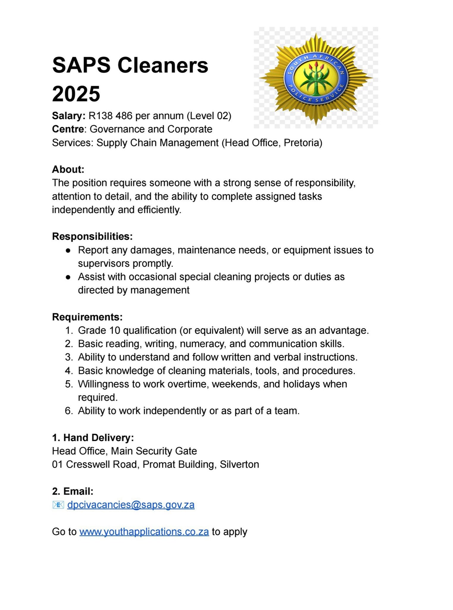 Jobful.co.za - Cleaners 2025 Location: Pretoria Requirements: ︎ Grade ...