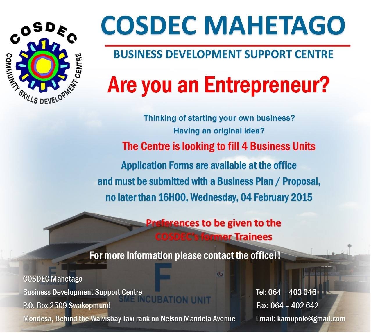 Cosdec Swakopmund - Entrepreneurs, you still have 3 weeks left to ...