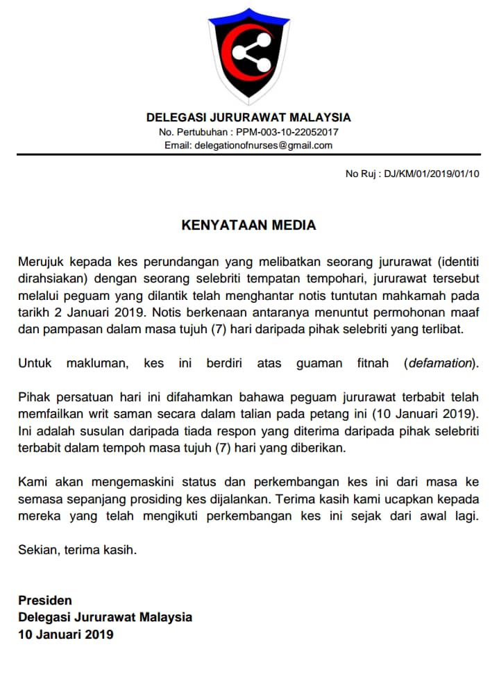 Delegation Of Nurses Kenyataan Media Delegasi Jururawat Malaysia Merujuk Kepada Kes Perundangan Yang Melibatkan Seorang Jururawat Identiti Dirahsiakan Dengan Seorang Selebriti Tempatan Tempohari Jururawat Tersebut Melalui Peguam Yang Dilantik