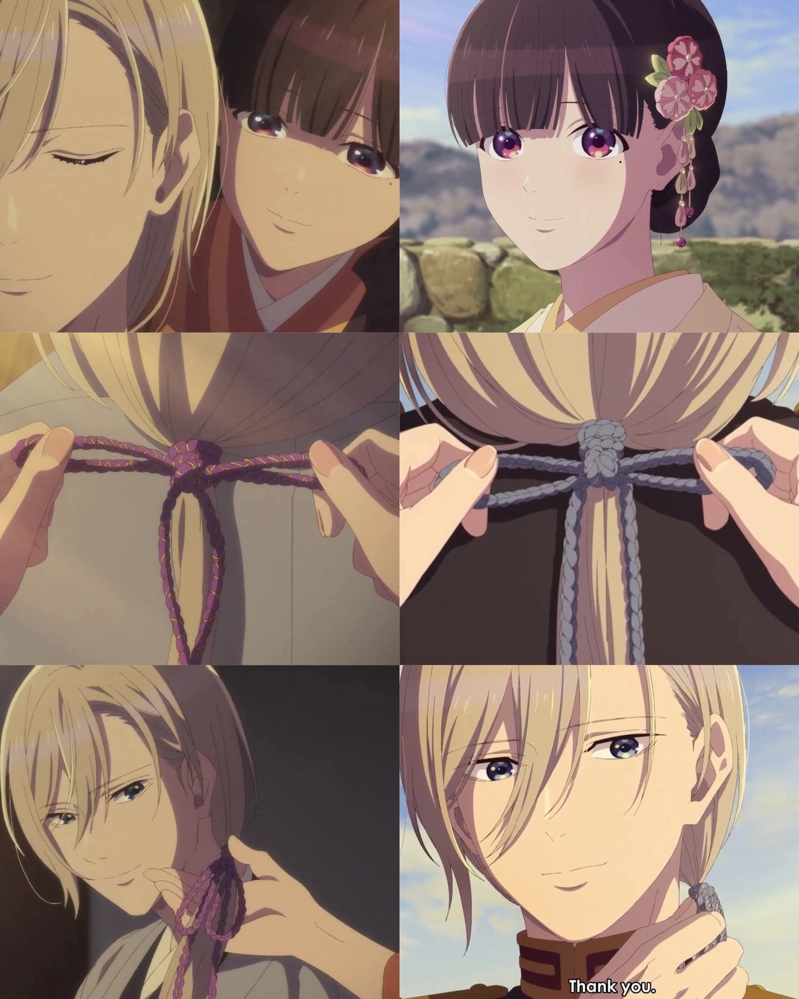 Miyo gives Kiyoka a handmade hair cord 😊🌸