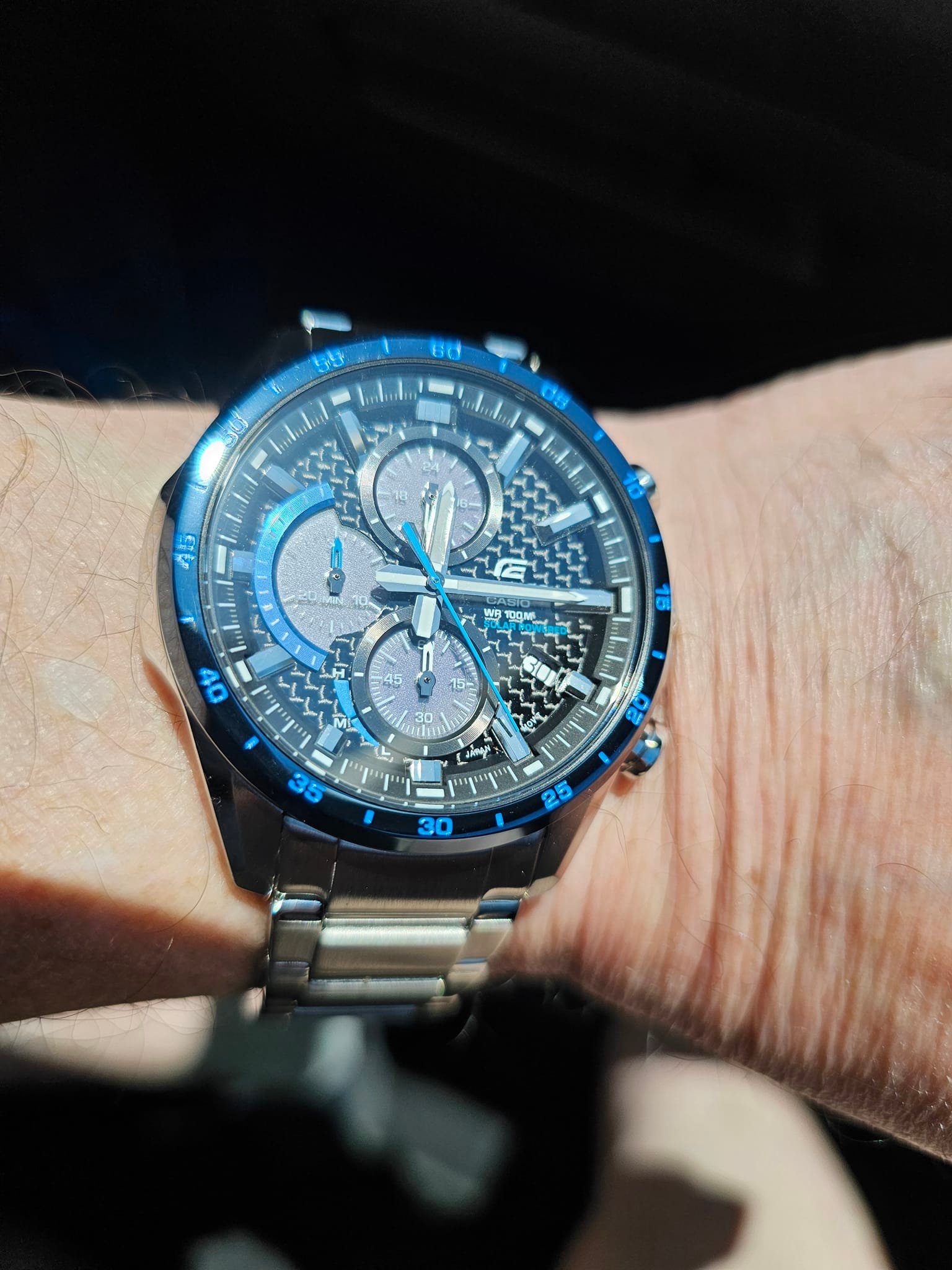 The EDIFICE EQS-800CDB-1A solar powered chronograph featuring the