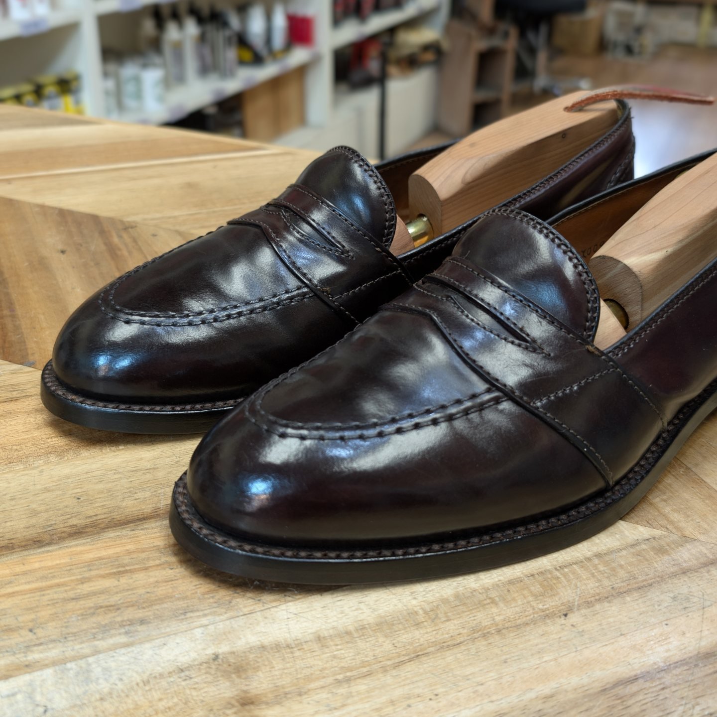Alden Shoe Company. This pair of Alden shell cordovan loafers have 