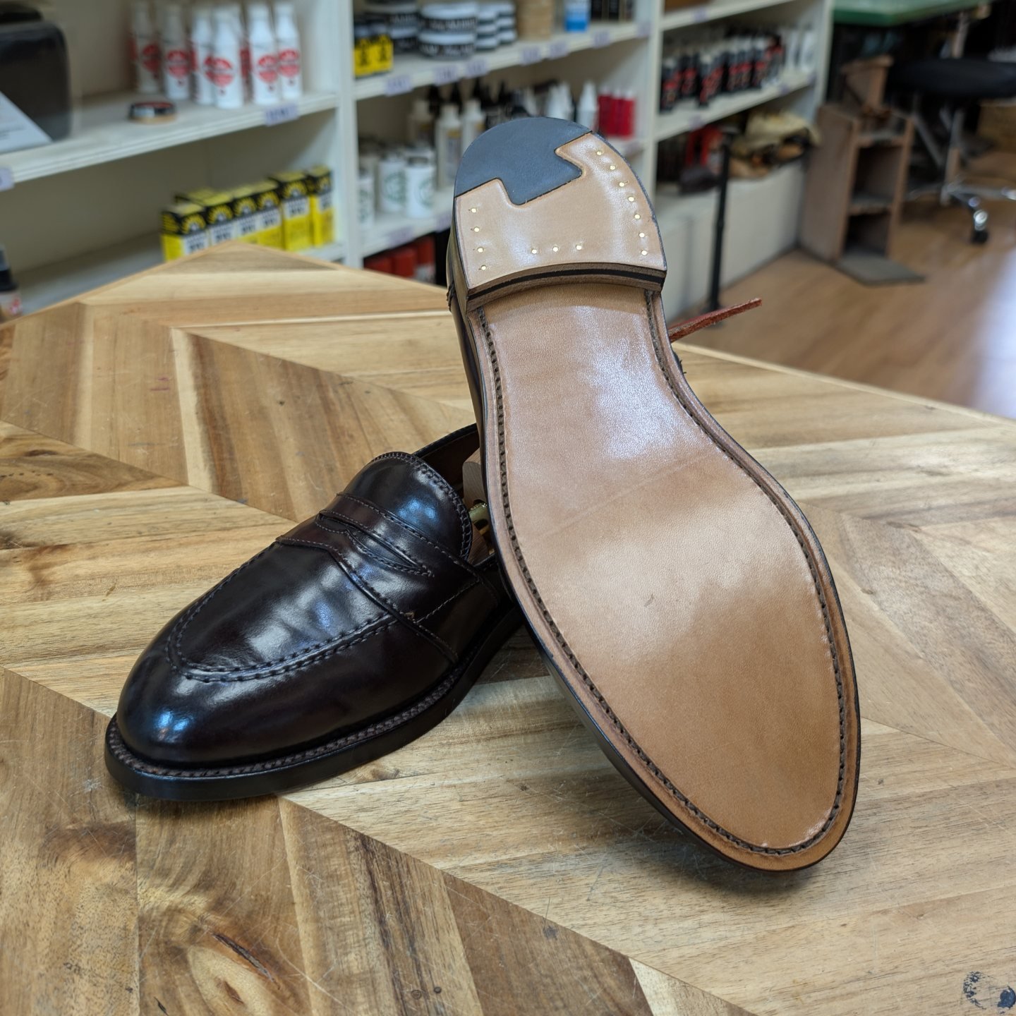 Alden Shoe Company. This pair of Alden shell cordovan loafers have 