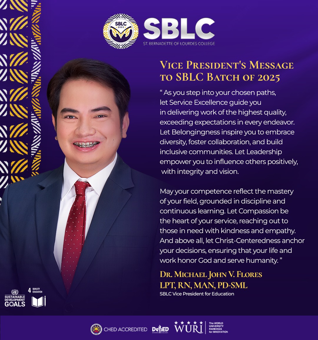 SBLC - SBLC VICE PRESIDENT CALLS BATCH 2025 TO LEAD WITH... | Facebook