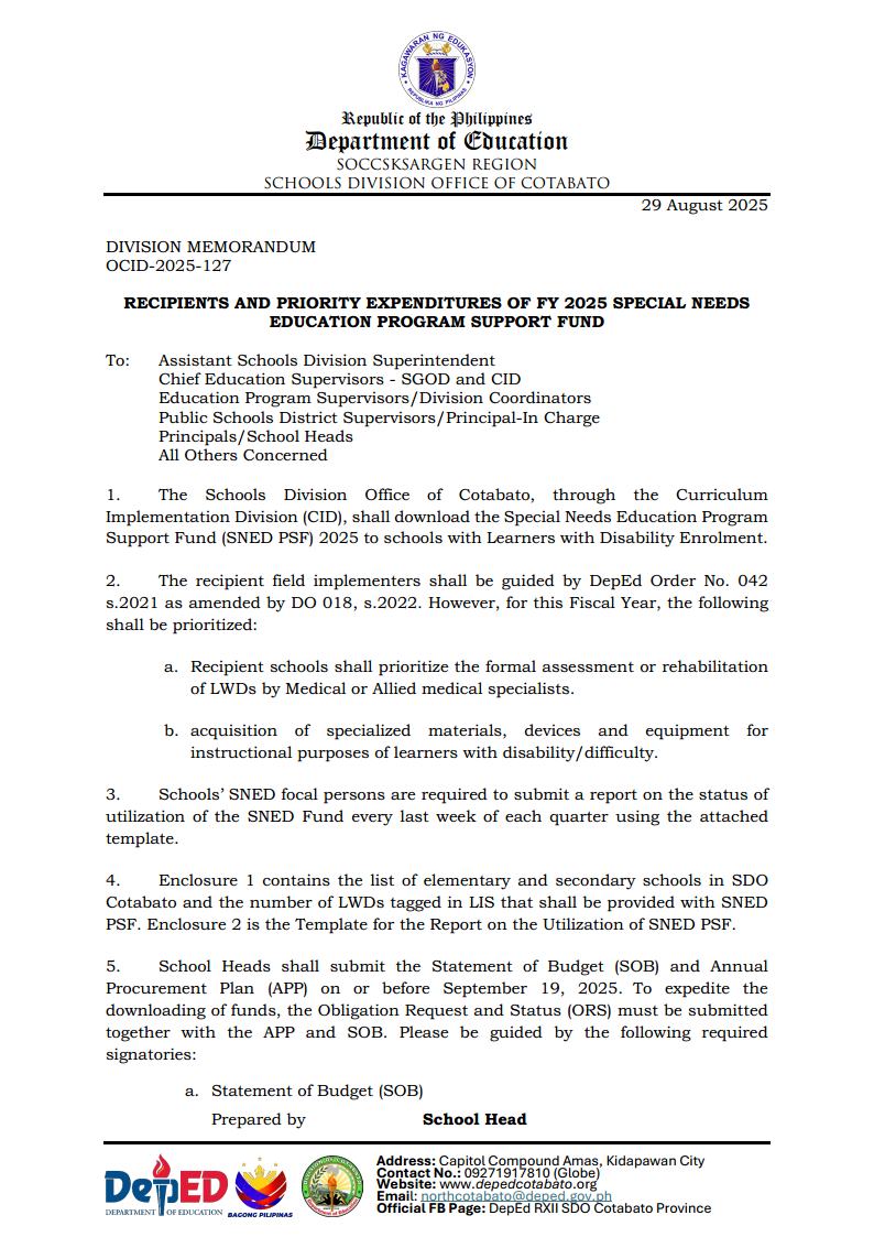 DivMemo OCID-2025-127... - DepEd RXII SDO Cotabato Province | Facebook