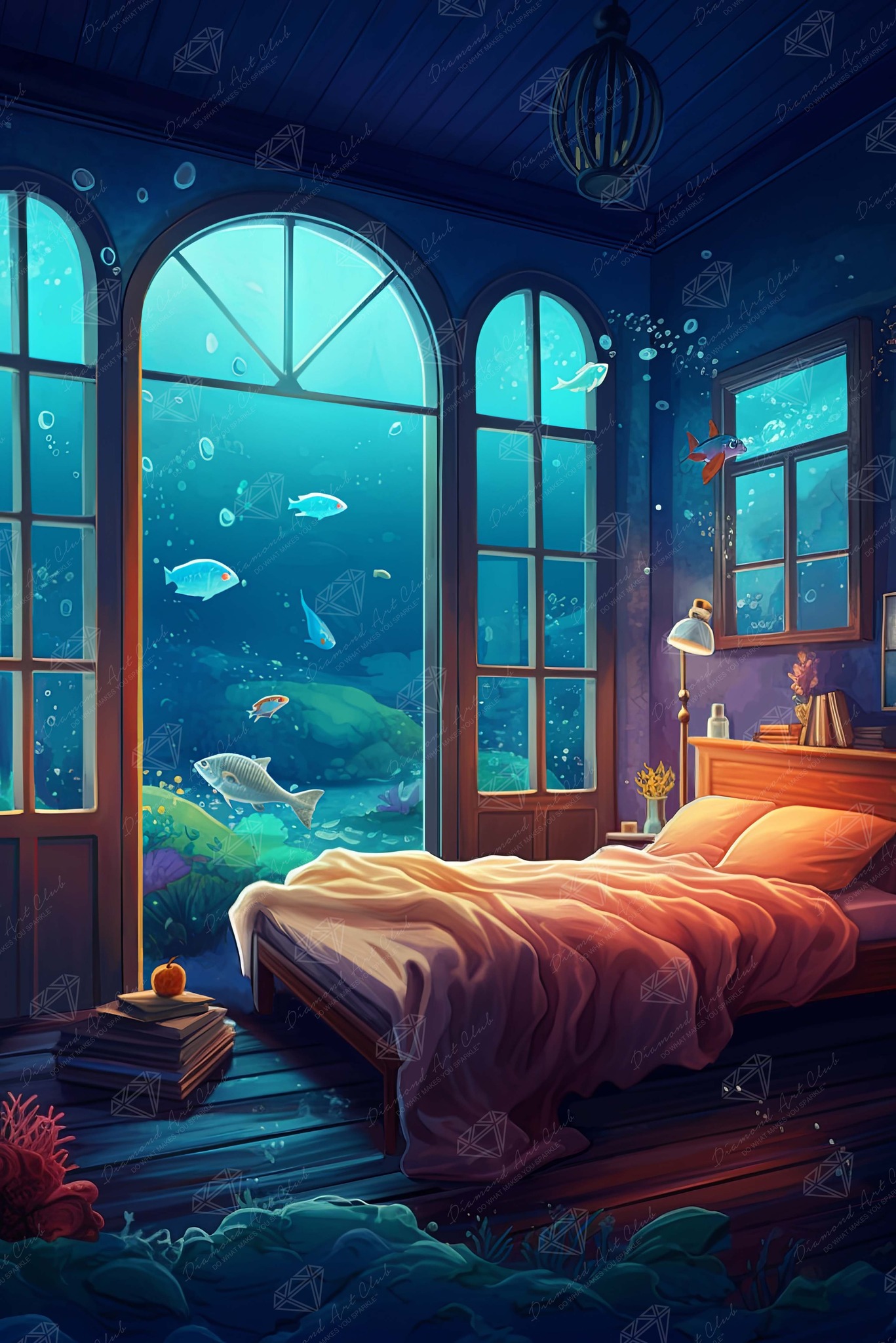Slip beneath tangerine covers as sparkling sea life drifts into