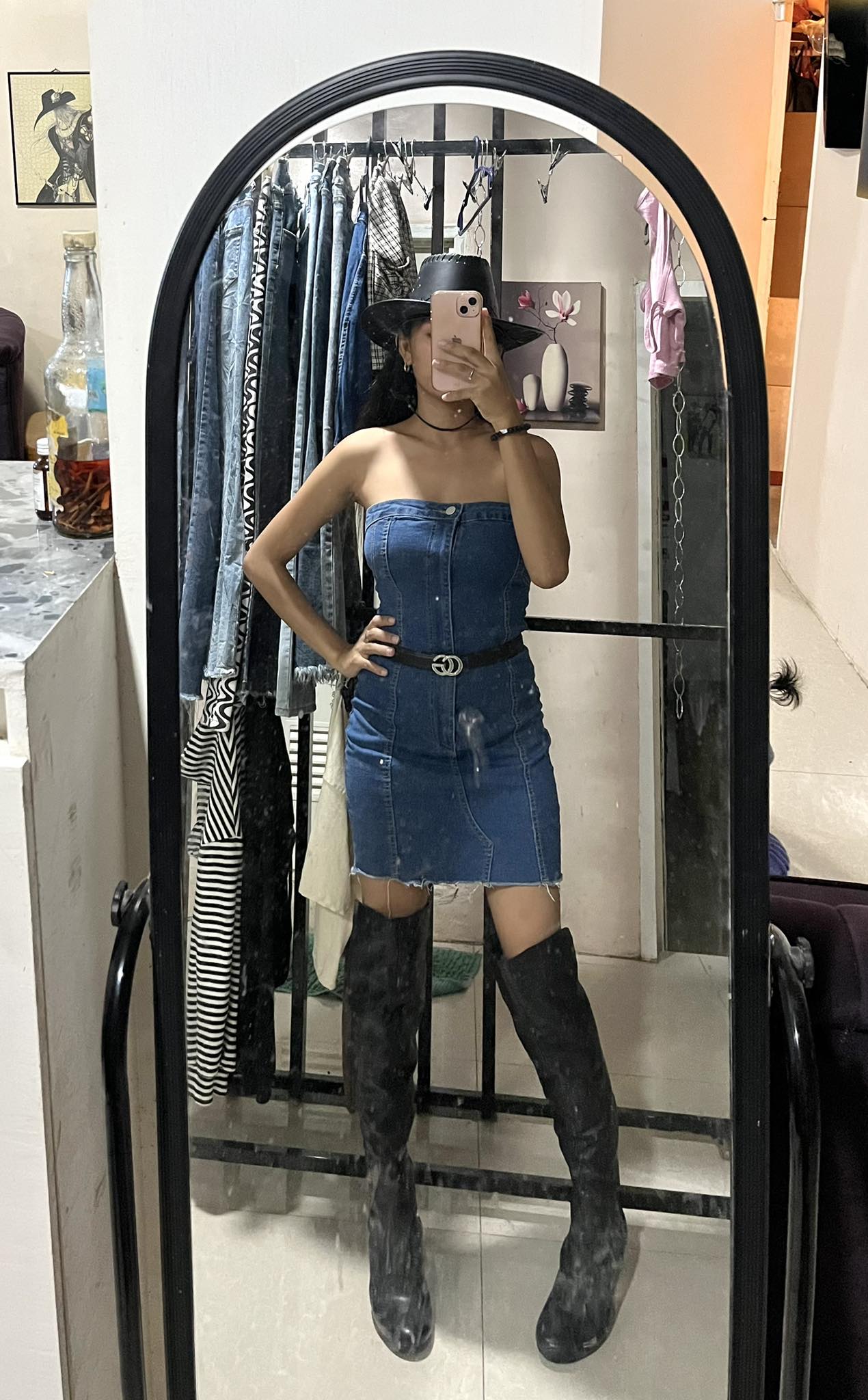 coachella outfit for rent! Xs-m kiri Cowboy hat Denim dress Belt Pm me for more info😊