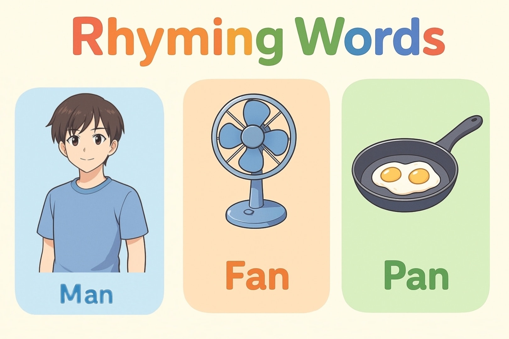 Easy - 👨‍🦱 Man / 🌬️ Fan / 🍳 Pan 🔹 Man (رجل) 👉 Example: The man is ...