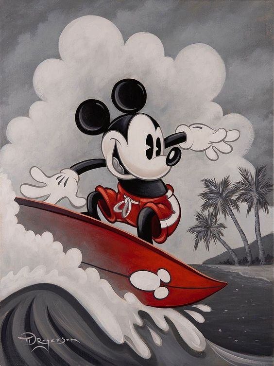 Mickey and Minnie surfing Waikiki waves in Disney art