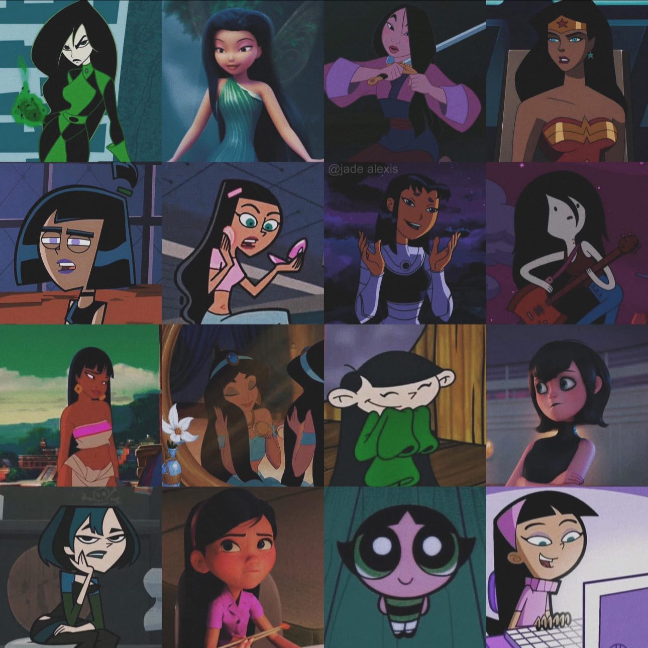 What is the name of the cartoon character with black hair and red dress?