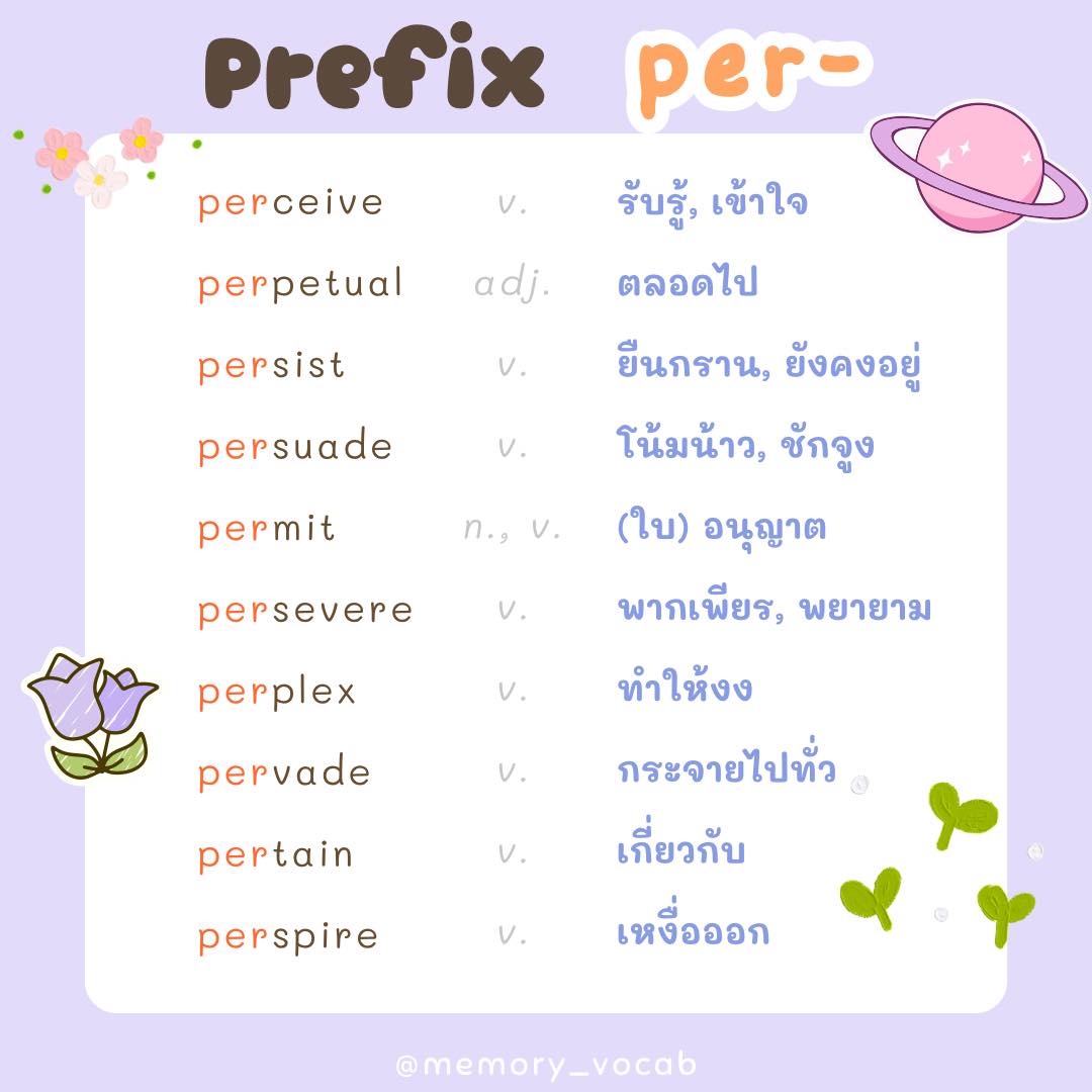 Prefix “per-” = ผ่าน, โดยตลอด, ทั่ว 💖💖 ตัวอย่างประโยคและคำแปลด้านล่าง 👇 ...