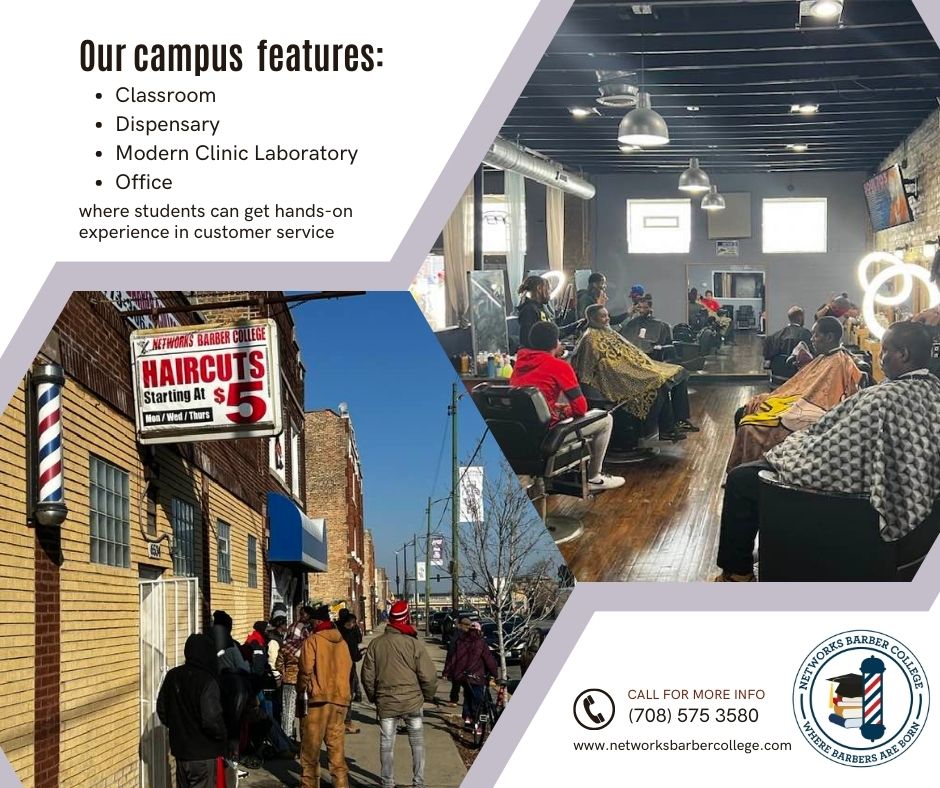 At Networks Barber College, our campus features a modern classroom,  dispensary, office, and clinic laboratory where students can get hands-on  experience in customer service. Our commitment to providing our students  with the