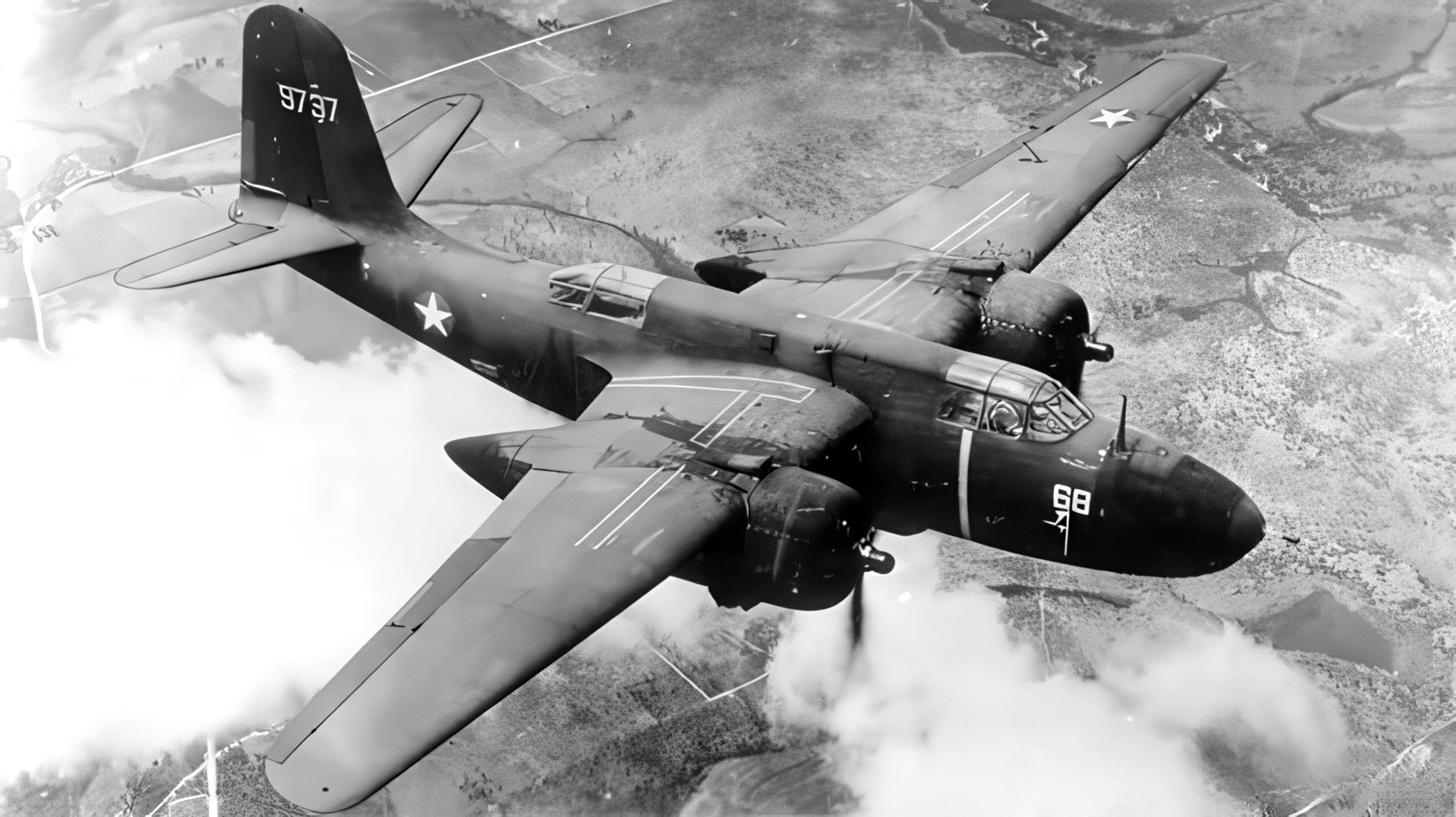 Douglas P-70 Night fighter 39-737 in flight. P-70 marked original