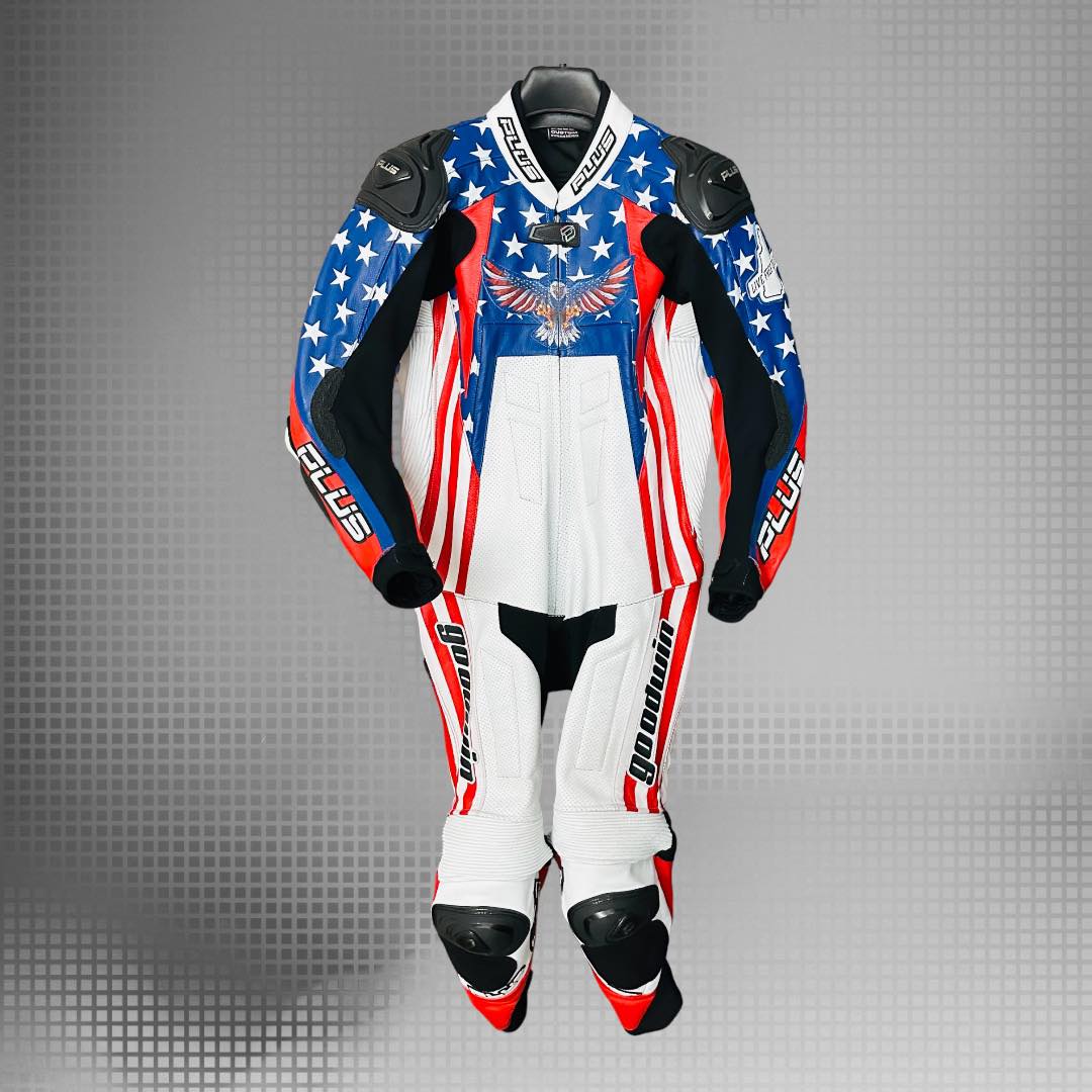 Custom US Flag theme AERO Leather suit... - PLUS Racing Gear