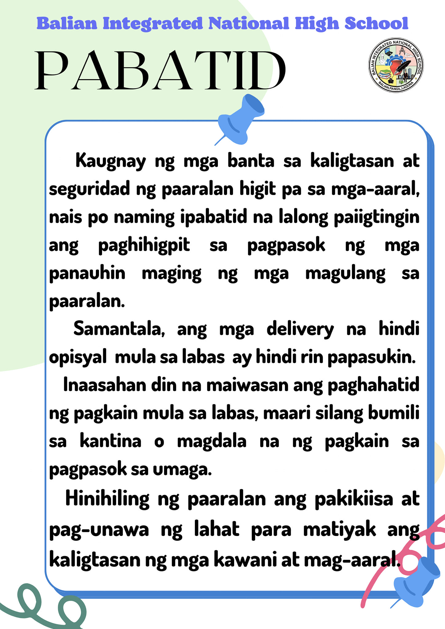 Mahalagang Pabatid - DepEd Tayo Balian INHS - Laguna