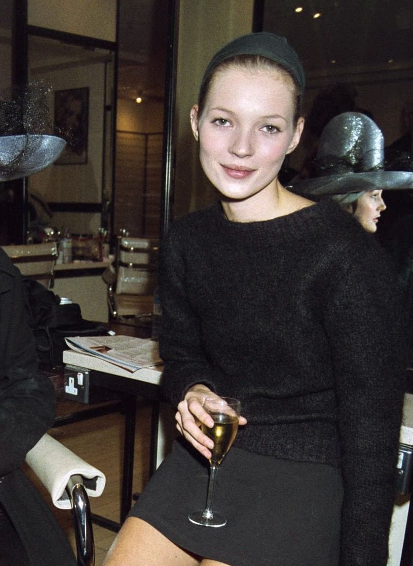 Kate Moss 1993 wearing a Multicolored sheath dress with beaded