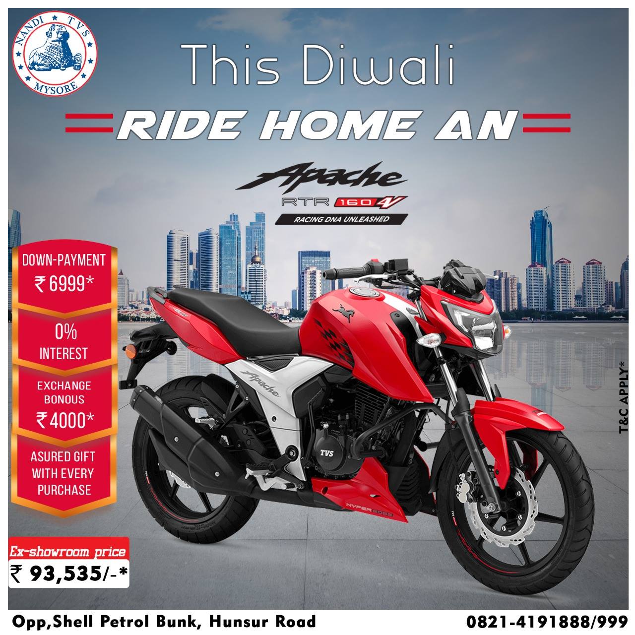 Nandi Tvs This Diwali Get Ready To Race With Apache Rtr 160 4v Ex Showroom Price 93 535 Visit Nandi Tvs Opp Shell Petrol Bunk Hunsur Road Mysuru Call 01 999 To Know More