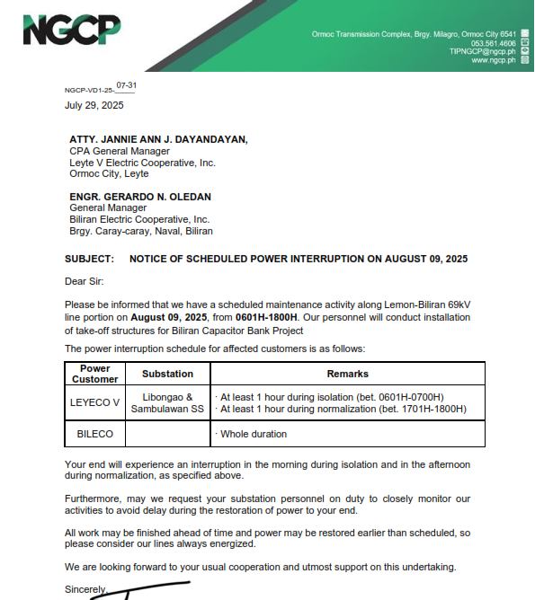 Biliran - PAHIBALO SA TANANG MCOs What: NGCP scheduled power ...