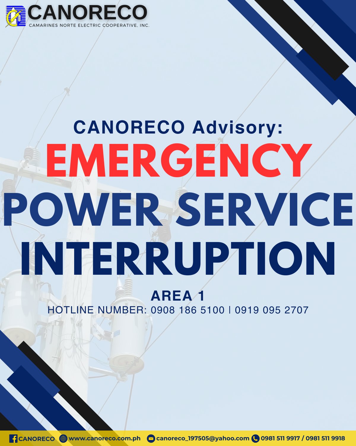 CANORECO - CANORECO Advisory: EMERGENCY POWER SERVICE INTERRUPTION ...