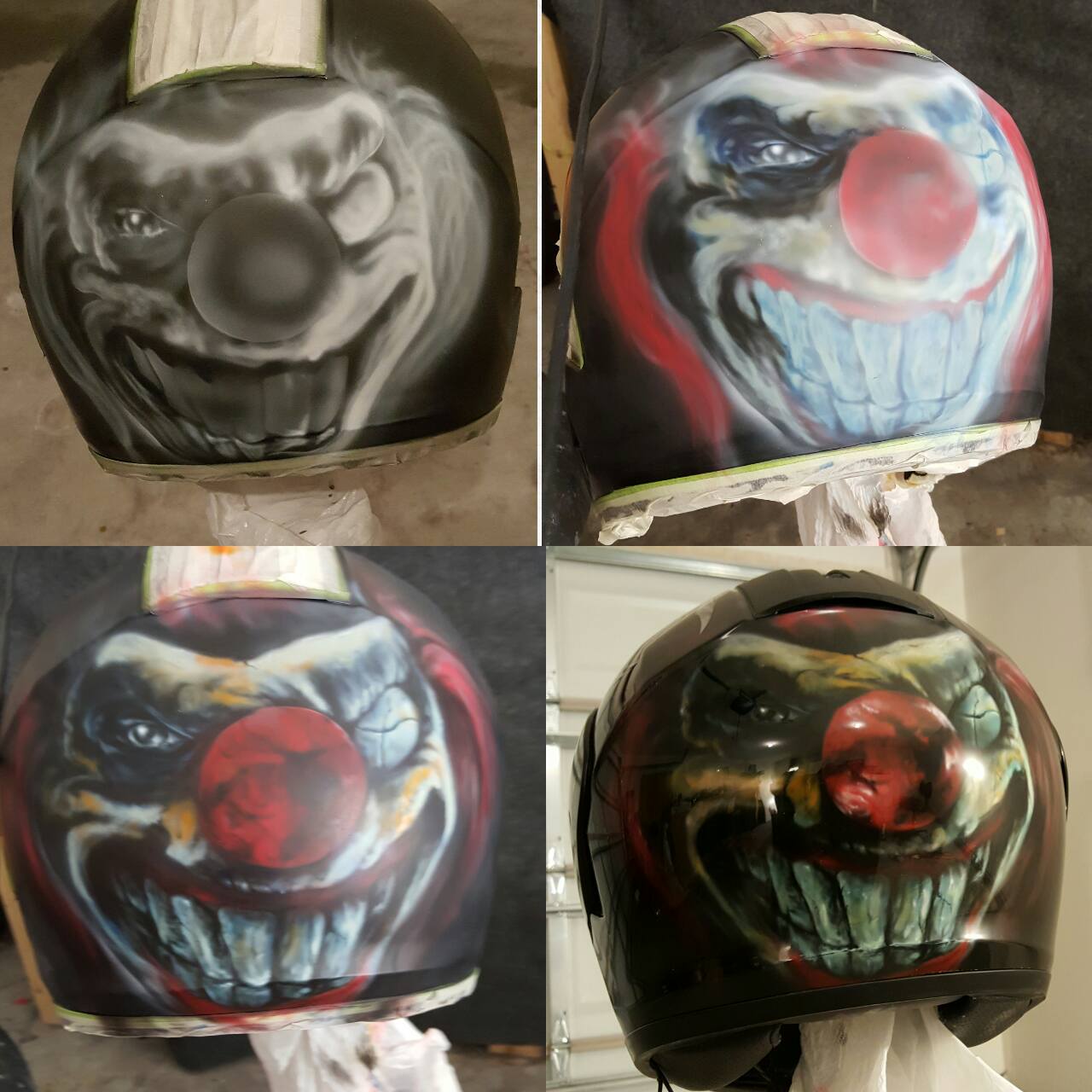 evil clown motorcycle helmet Halloween Nightmare IT Death Killer Mad Green Hair Nightmare – Custom Airbrush Dont be surprised if you find yourself staring on multiple social media pages after going for a ride wearing this furry helmet cover. “It’s all in the detail”
