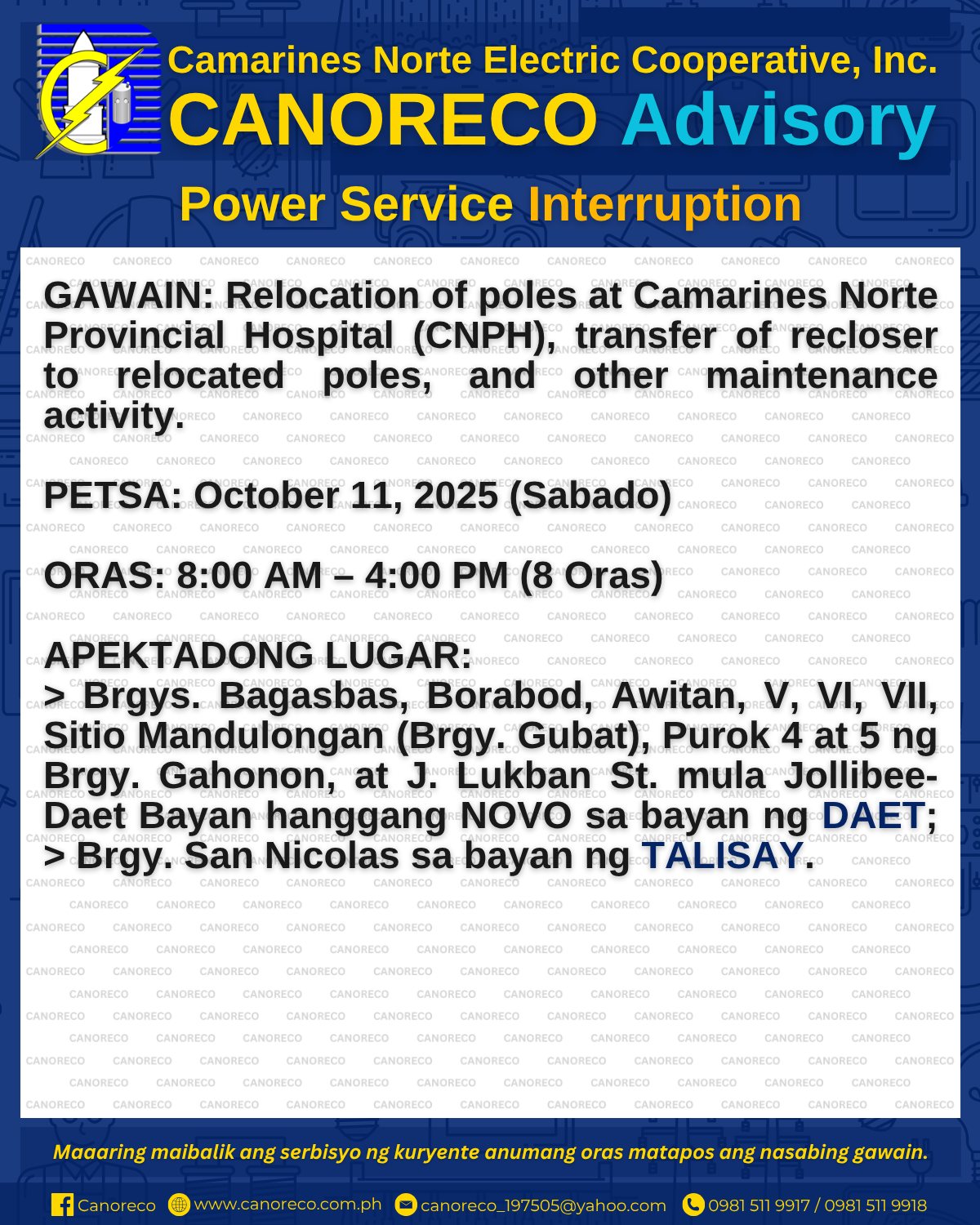 CANORECO - CANORECO Advisory: POWER SERVICE INTERRUPTION GAWAIN ...
