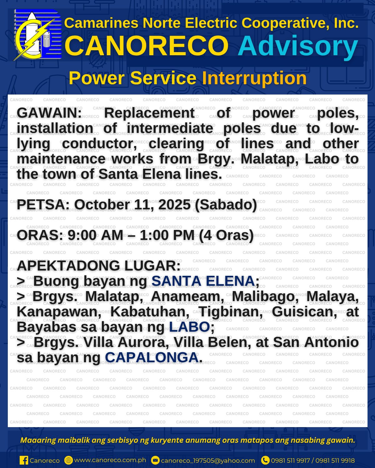 CANORECO - CANORECO Advisory: POWER SERVICE INTERRUPTION GAWAIN ...