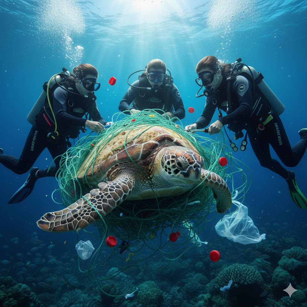 RH - A giant sea turtle tangled in fishing nets underwater, surrounded ...