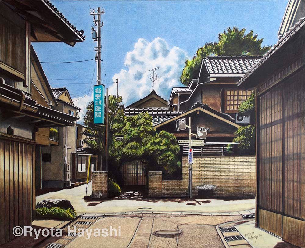 新シリーズ、新座市の風景。 老木と神社 新座市野火止/色鉛筆
