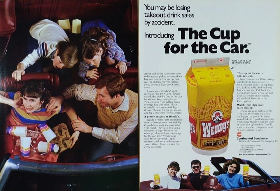 A Wendy's ad from the 1980s for a spill proof cup called the Pick