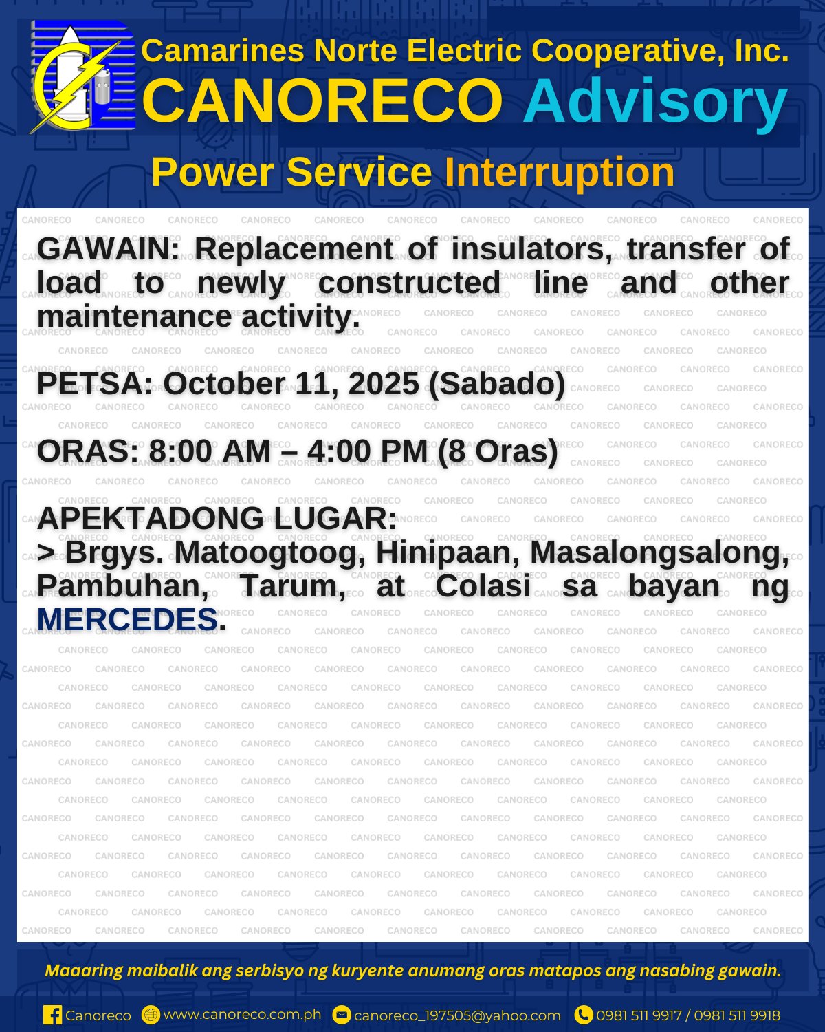 CANORECO - CANORECO Advisory: POWER SERVICE INTERRUPTION GAWAIN ...
