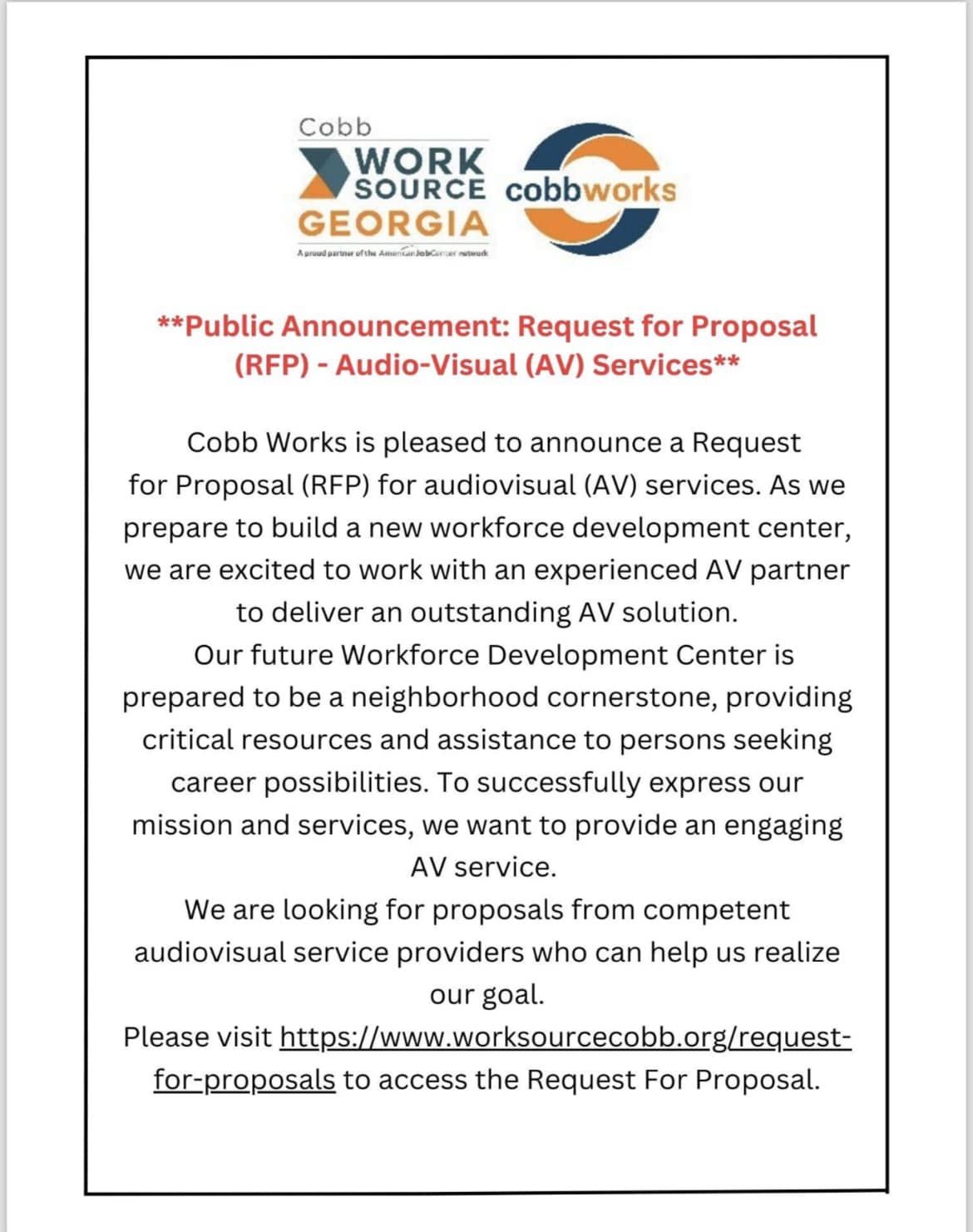 CobbWorks, - We are pleased to announce a Request For Proposal ...
