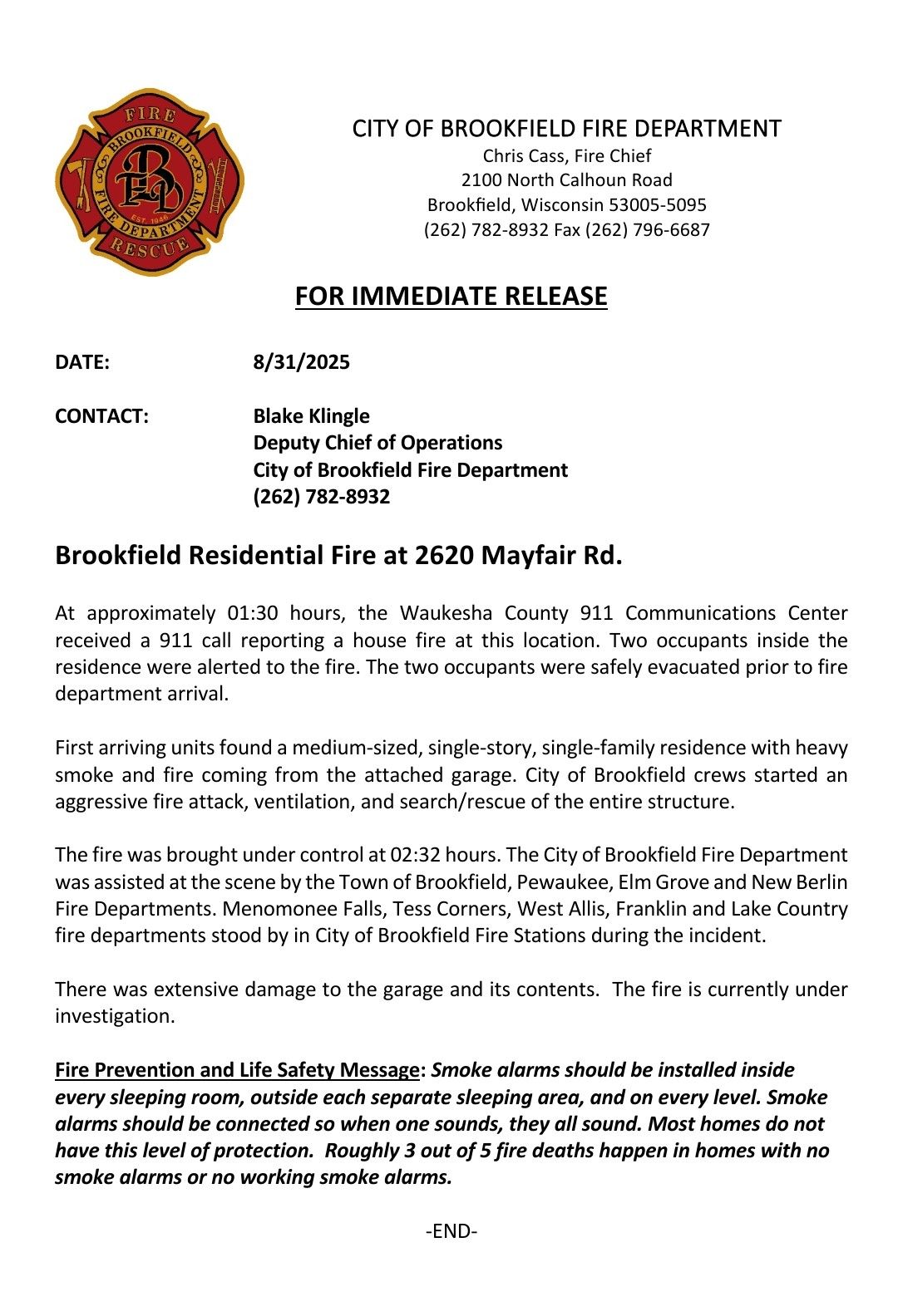 City - Re: Fire at 2620 Mayfair Dr, Brookfield | Facebook