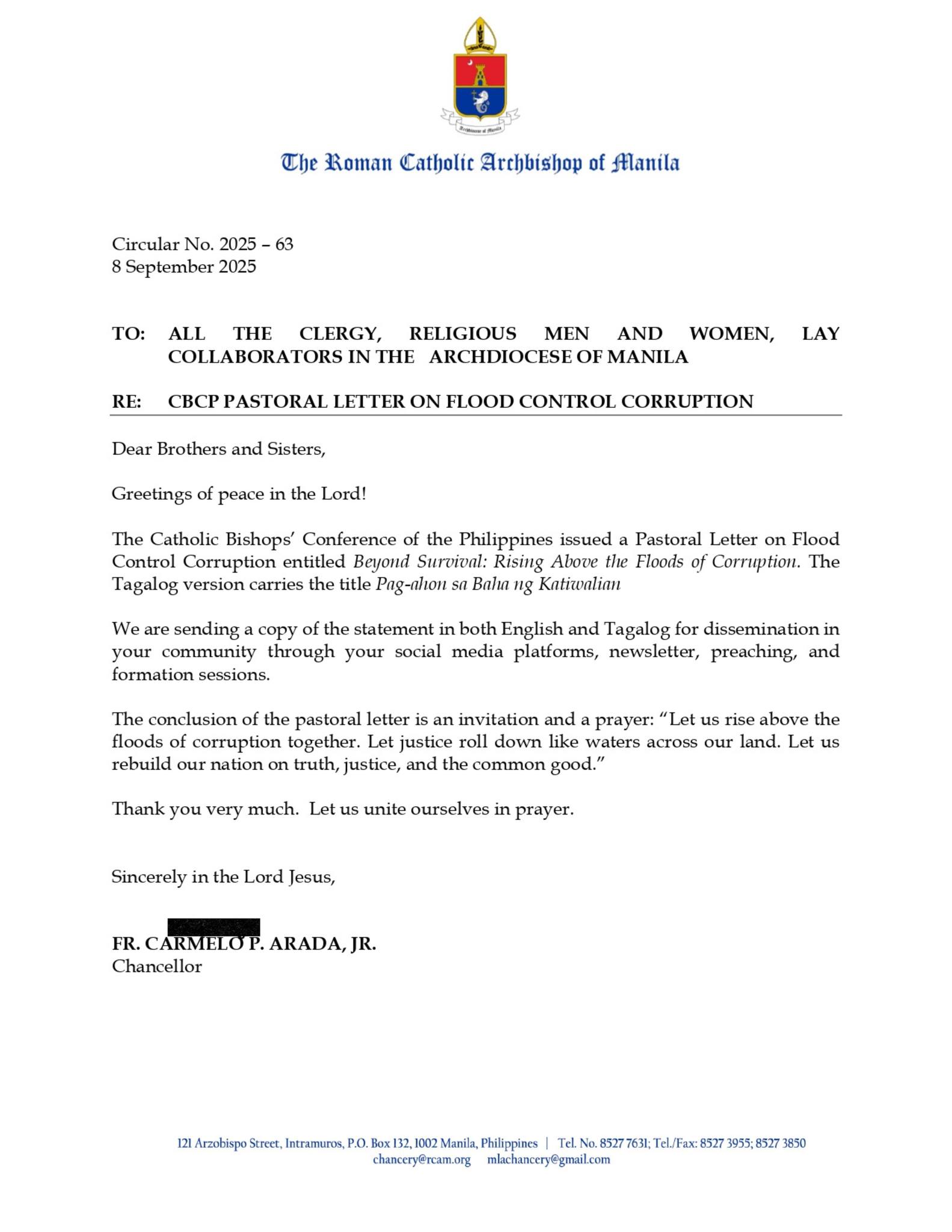 RCAM CIRCULAR || RCAMCBCP PASTORAL LETTER ON FLOOD CONTROL CORRUPTION ...