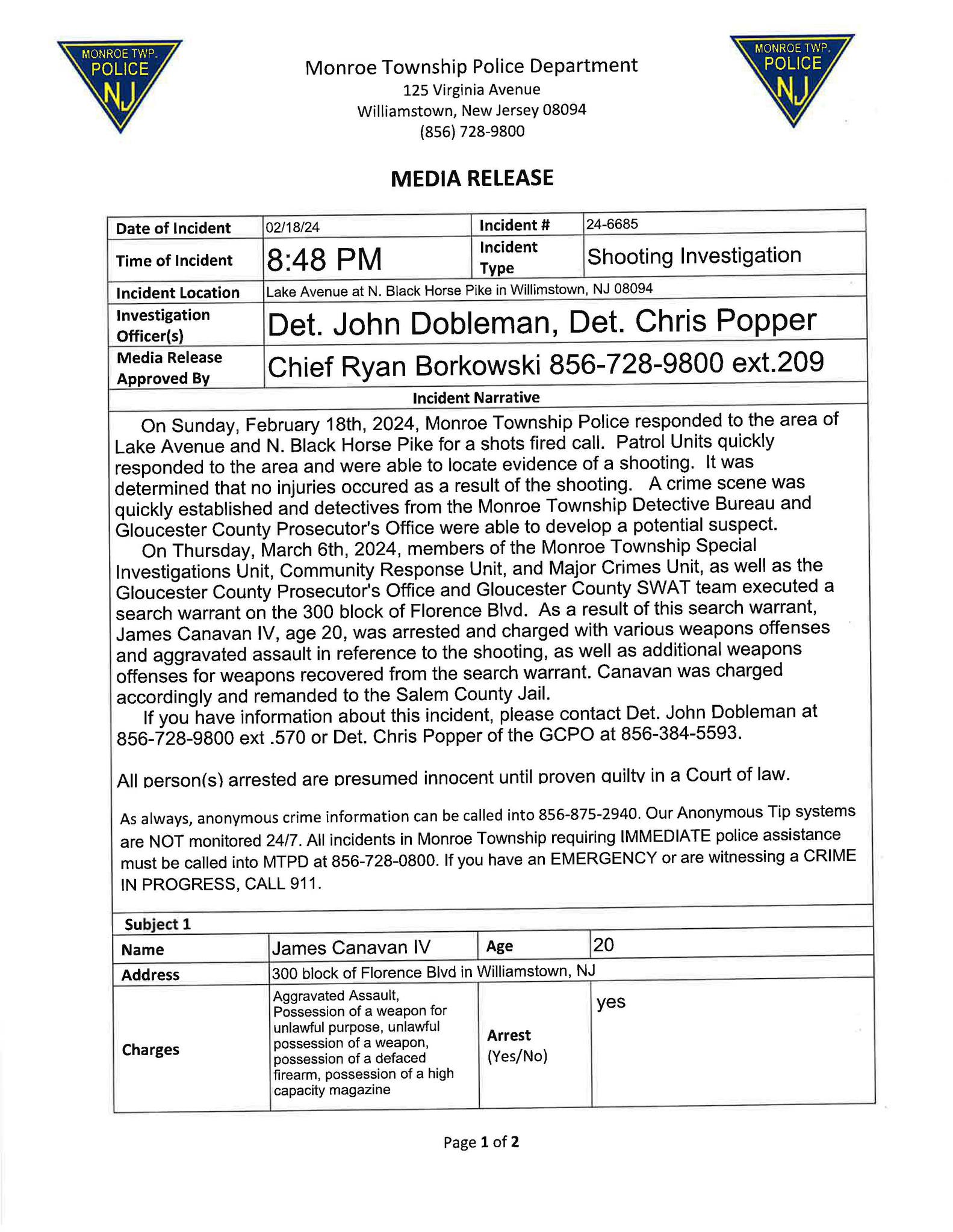 Media Release: Arrest made in February 18th, 2024 shooting incident on ...